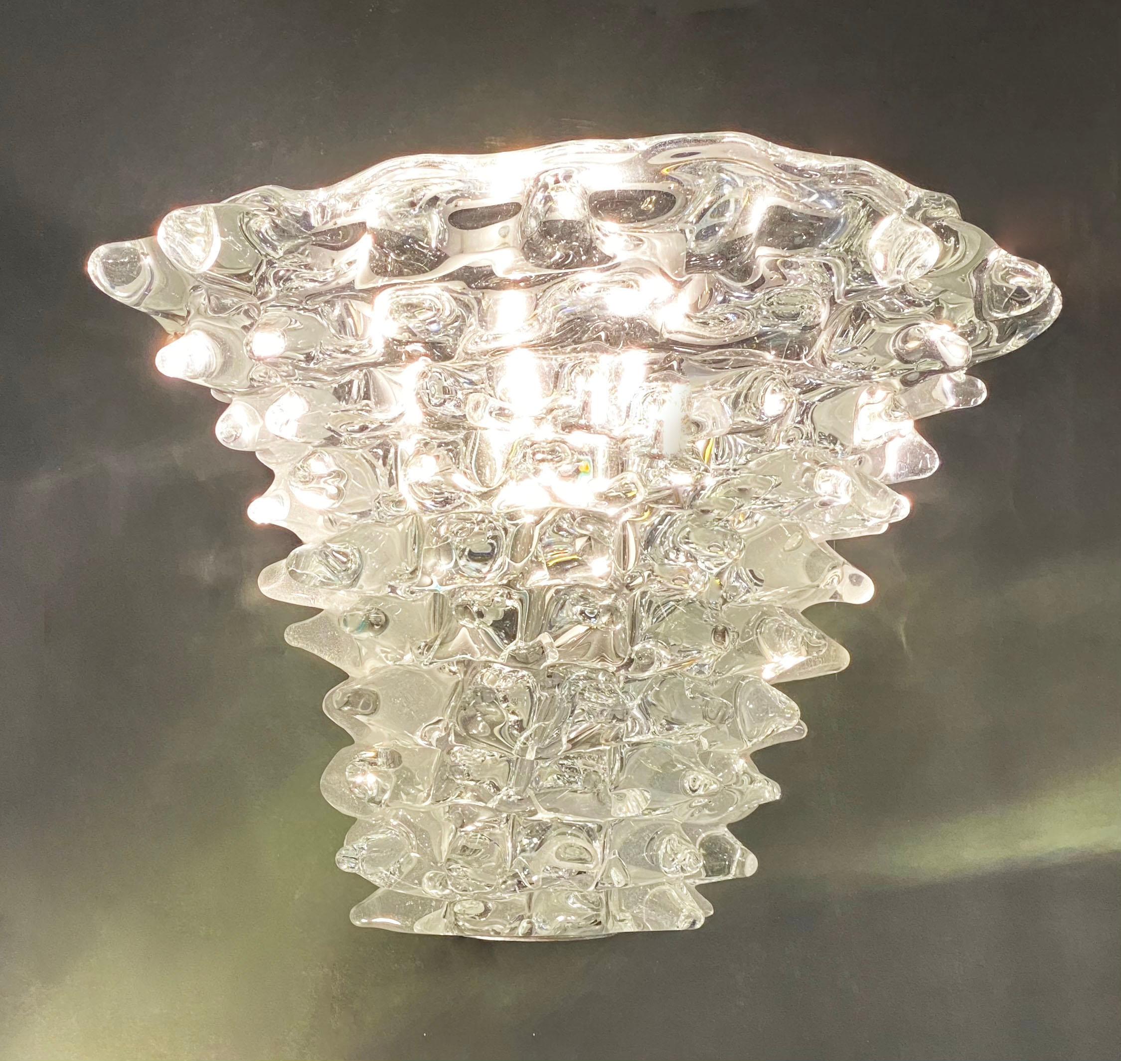 Hand-Crafted Italian Vintage Barovier Toso Crystal Textured Murano Glass Satin Silver Sconces For Sale