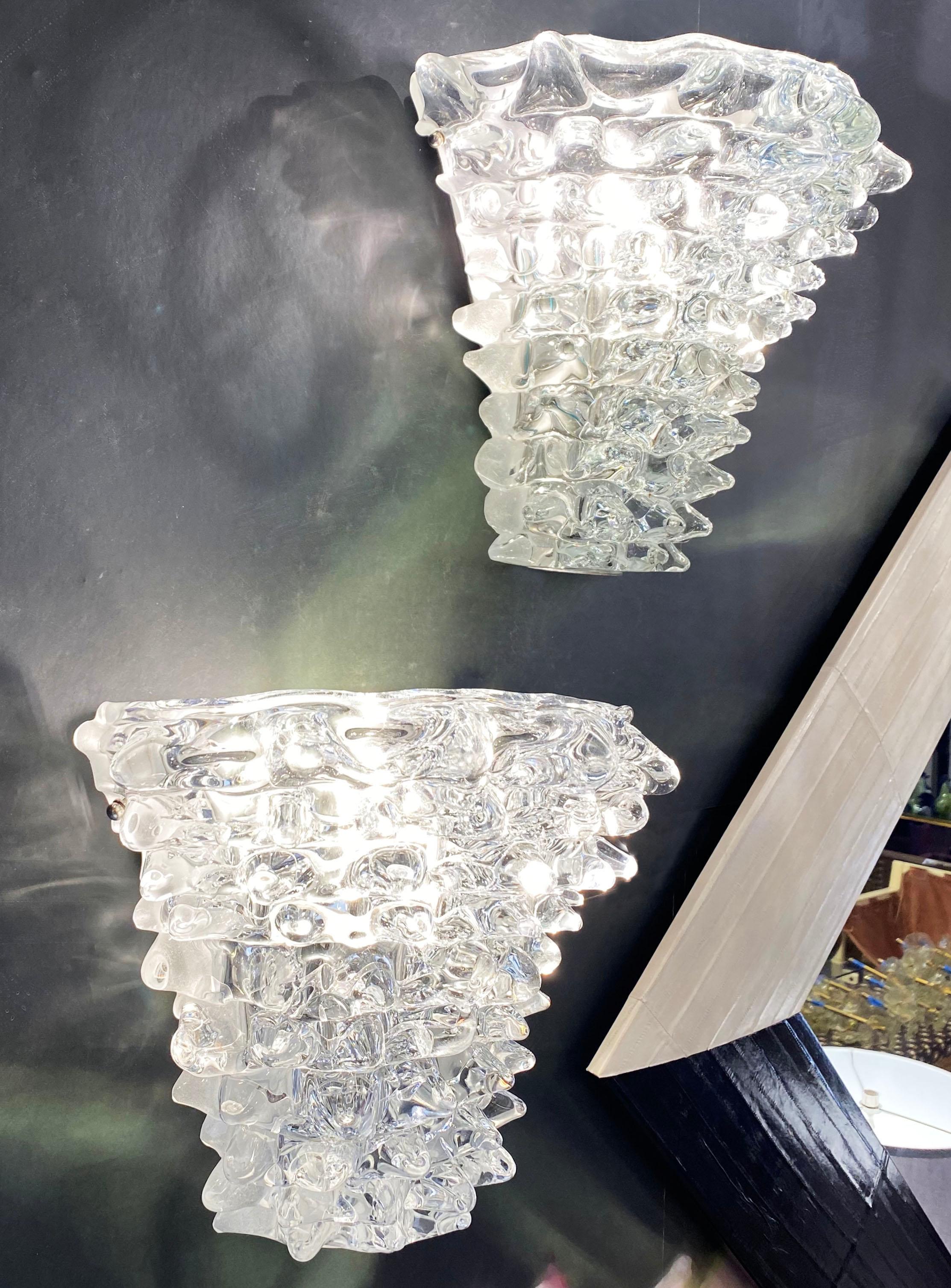Italian Vintage Barovier Toso Crystal Textured Murano Glass Satin Silver Sconces In Excellent Condition For Sale In New York, NY