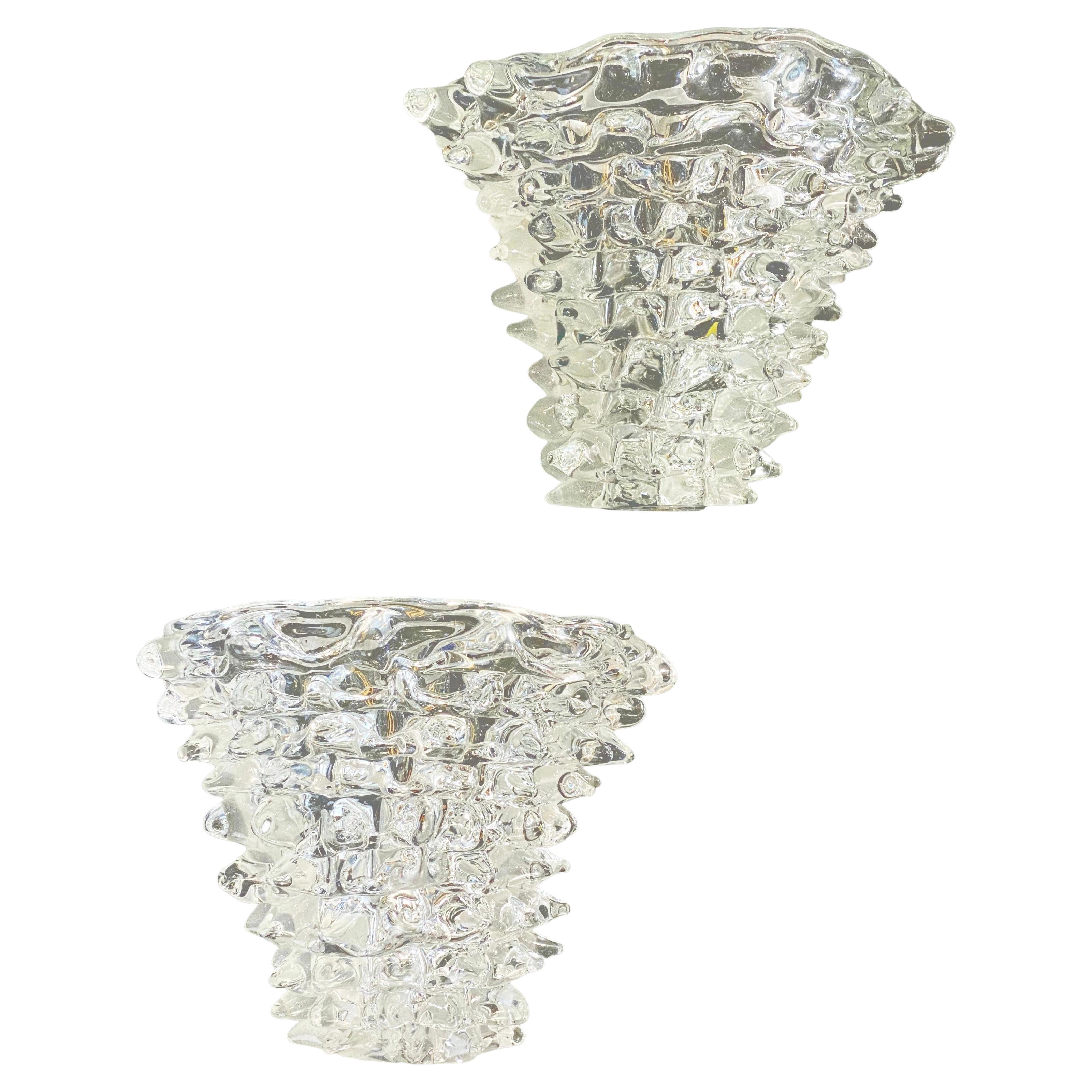 Italian Vintage Barovier Toso Crystal Textured Murano Glass Satin Silver Sconces For Sale