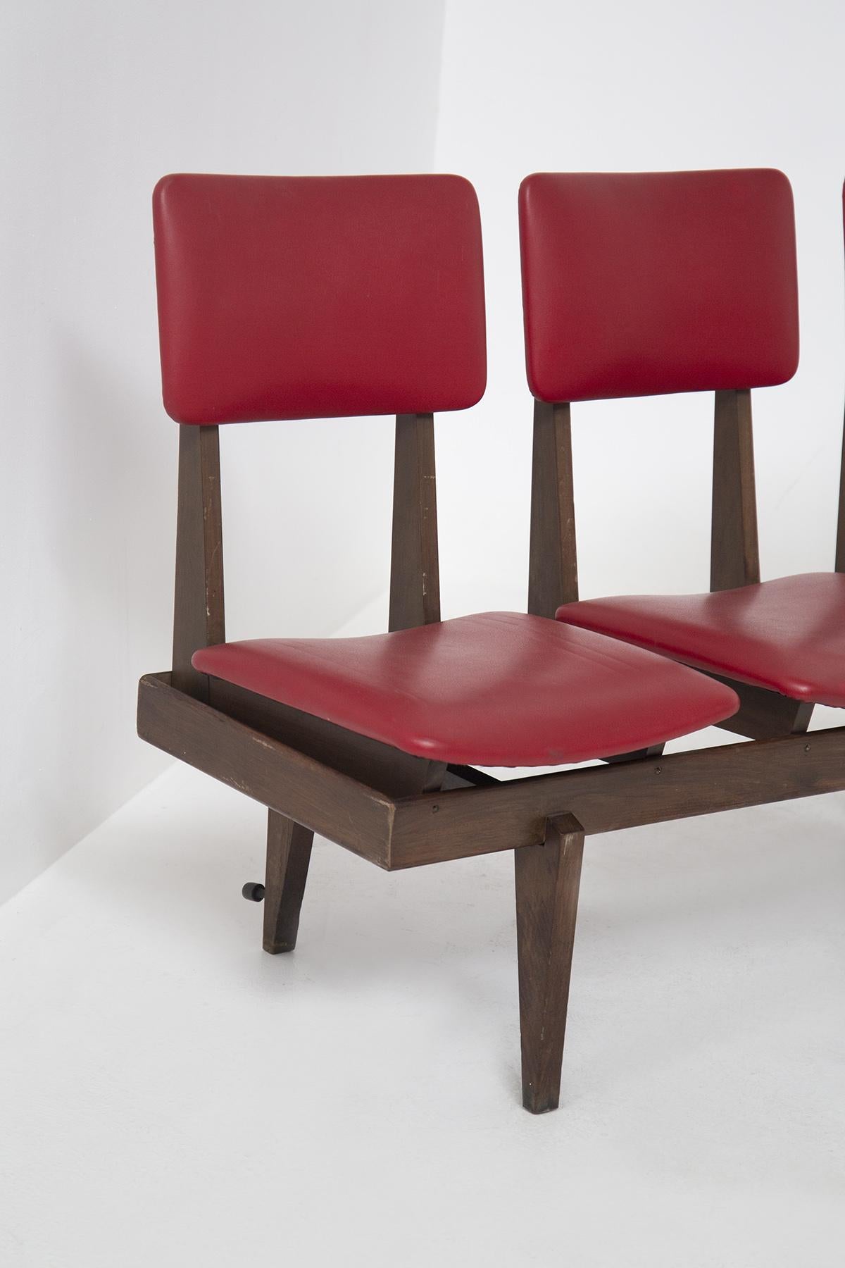 Mid-Century Modern Italian Vintage Bench with Red Leather Seats, 5 Seats For Sale