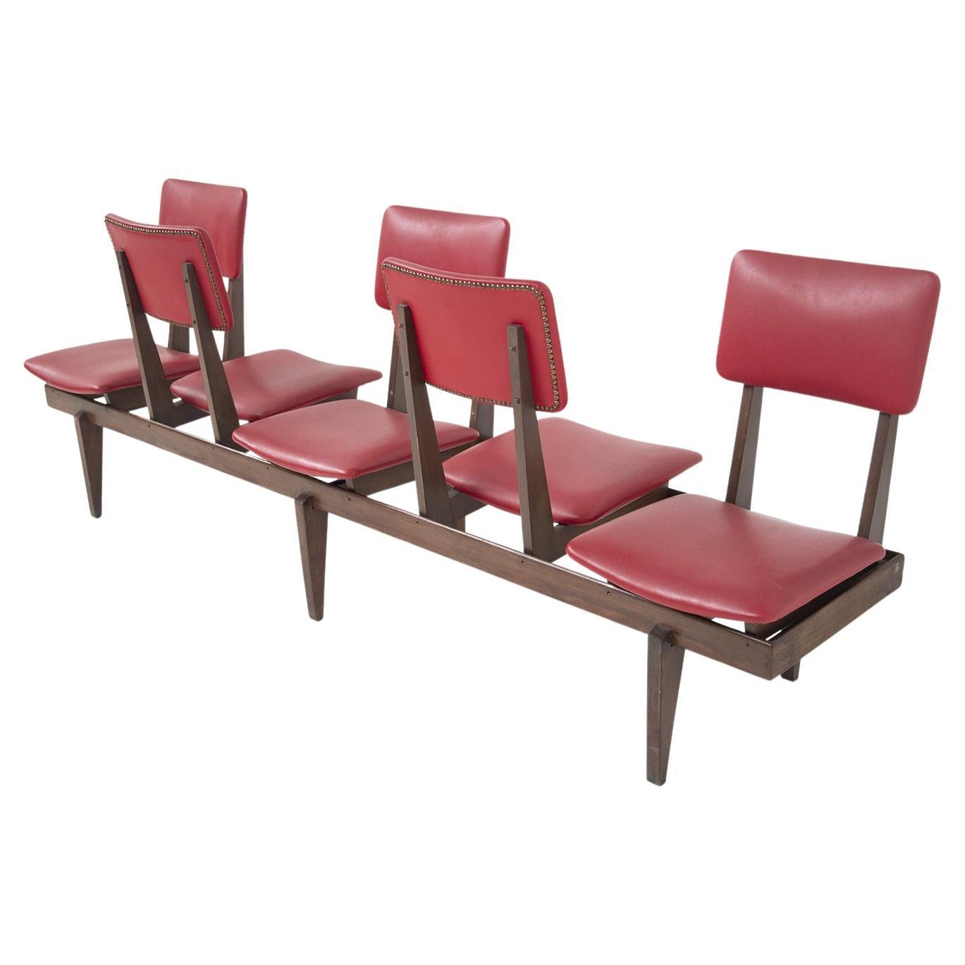 Panchina vintage italiana con sedute in pelle rossa, 5 posti a sedere