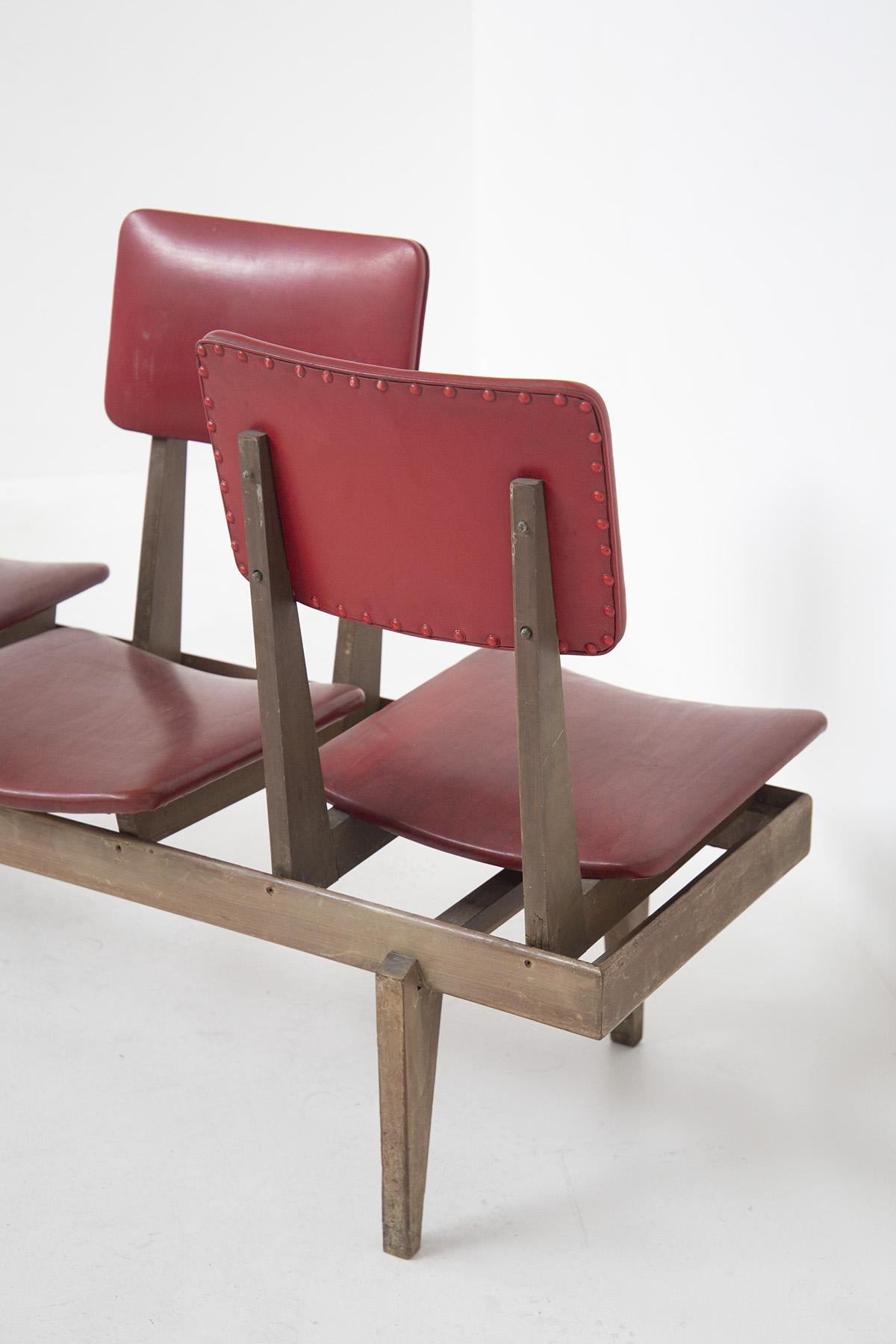 Mid-20th Century Italian Vintage Bench with Red Leather Seats For Sale