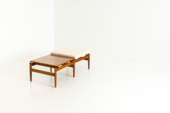 Italian Vintage Bench with Removable Seats in Wood and Boucle Fabric, 1960s