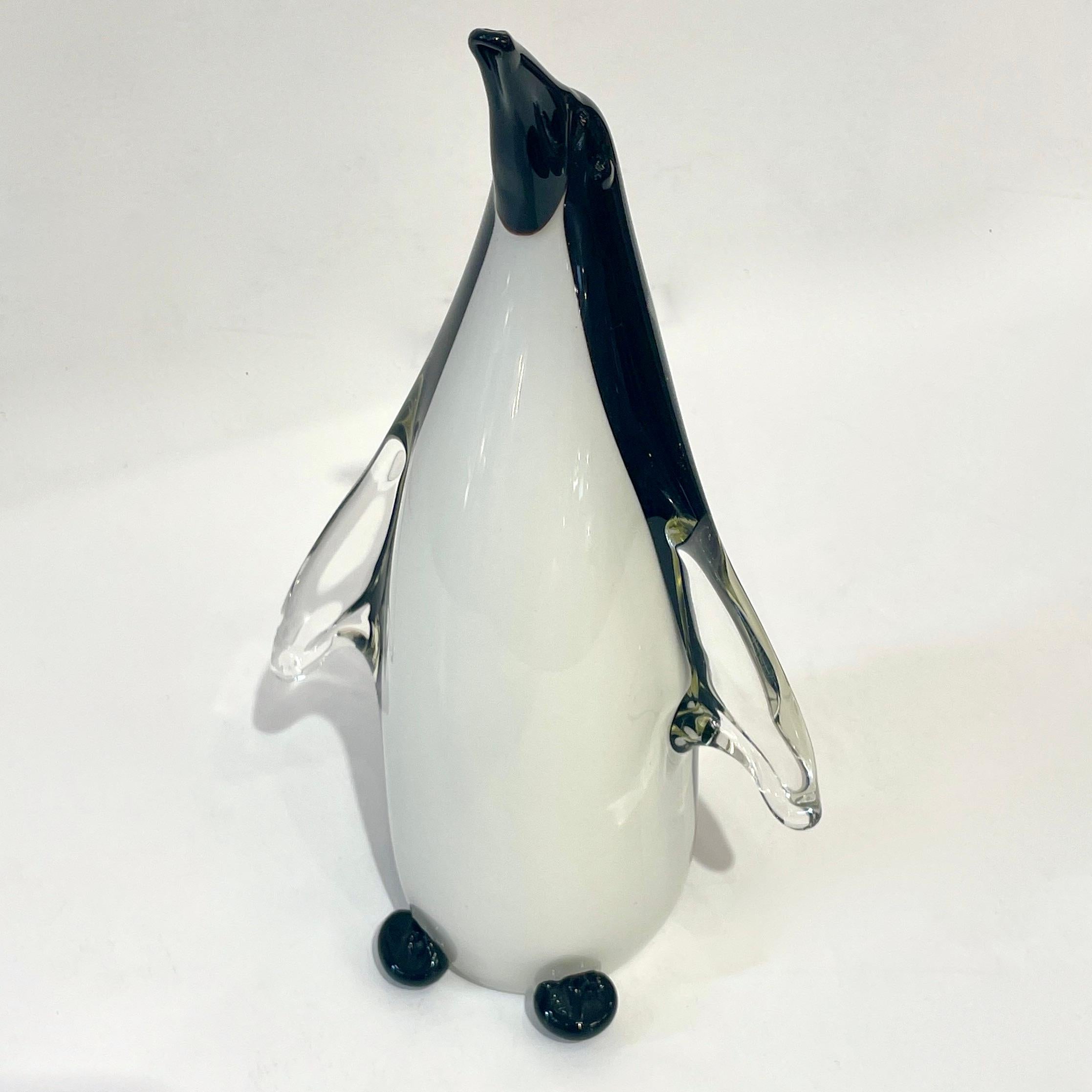 Late 20th Century Italian Vintage Black and White Blown Solid Murano Glass Penguin Sculpture For Sale