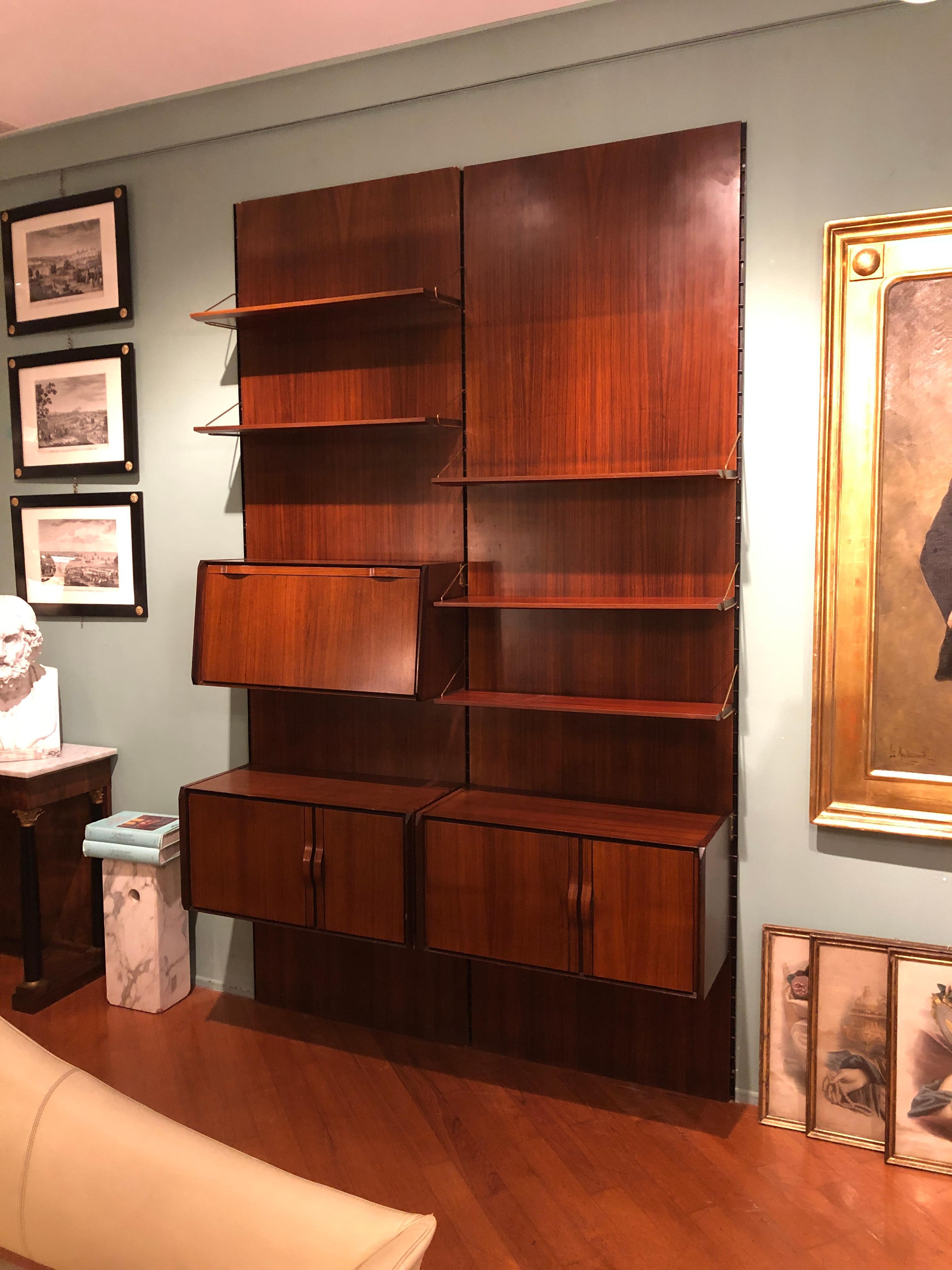 Italian Vintage Black Detail and Rosewood Equipped Wood Wall Bookcase, 1980s 8