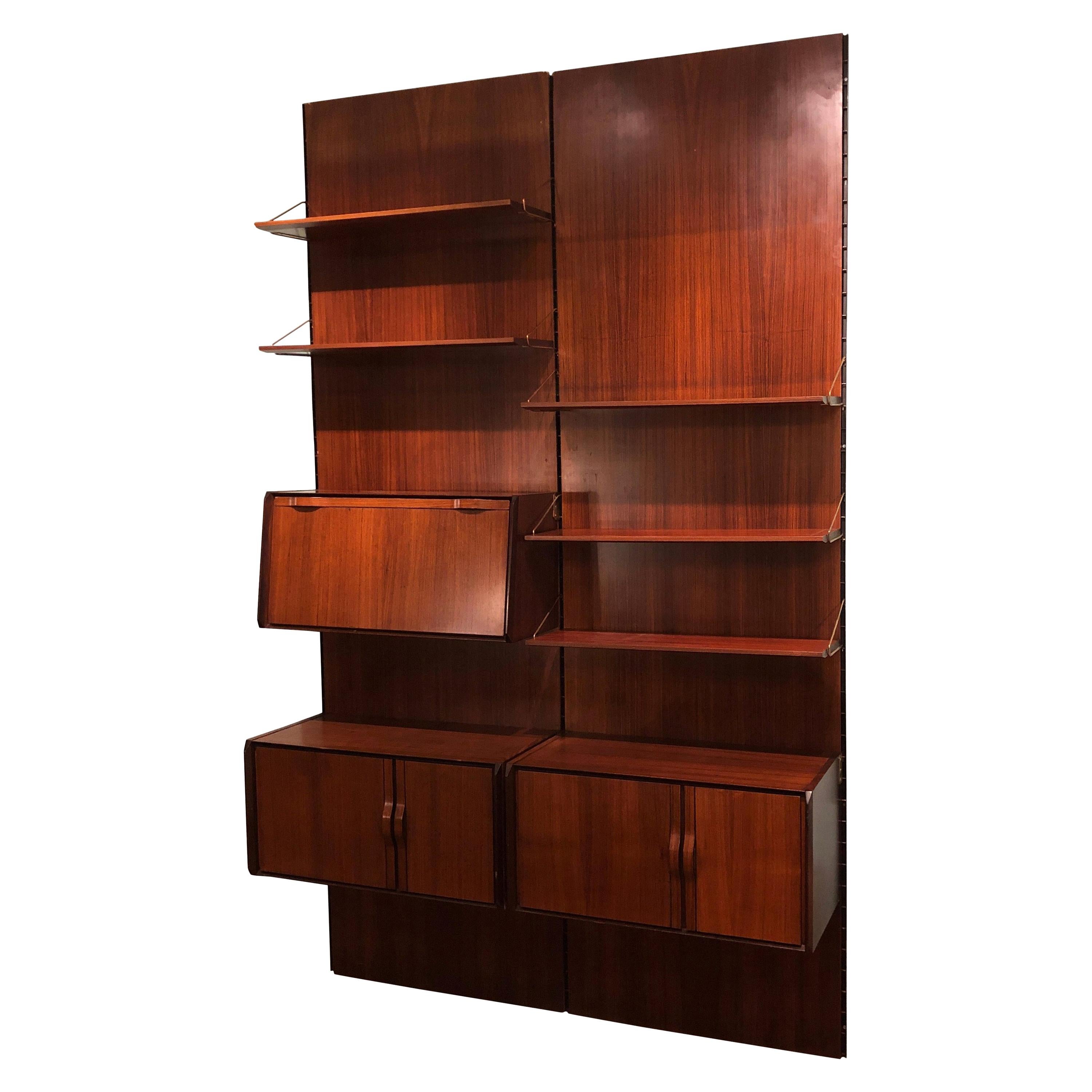 Italian Vintage Black Detail and Rosewood Equipped Wood Wall Bookcase, 1980s