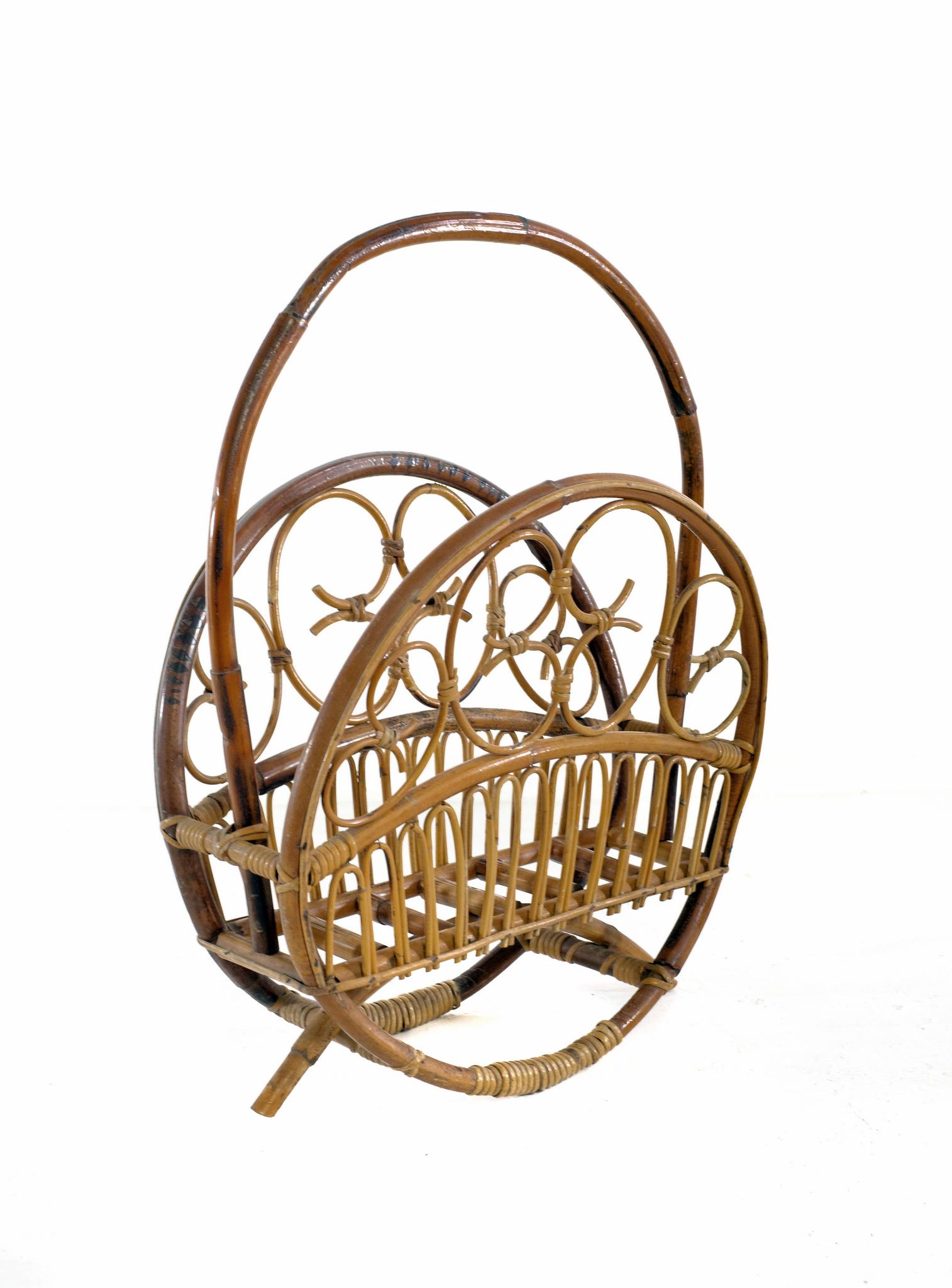 Bamboo Italian Vintage Boho Style Magazine Rack For Sale