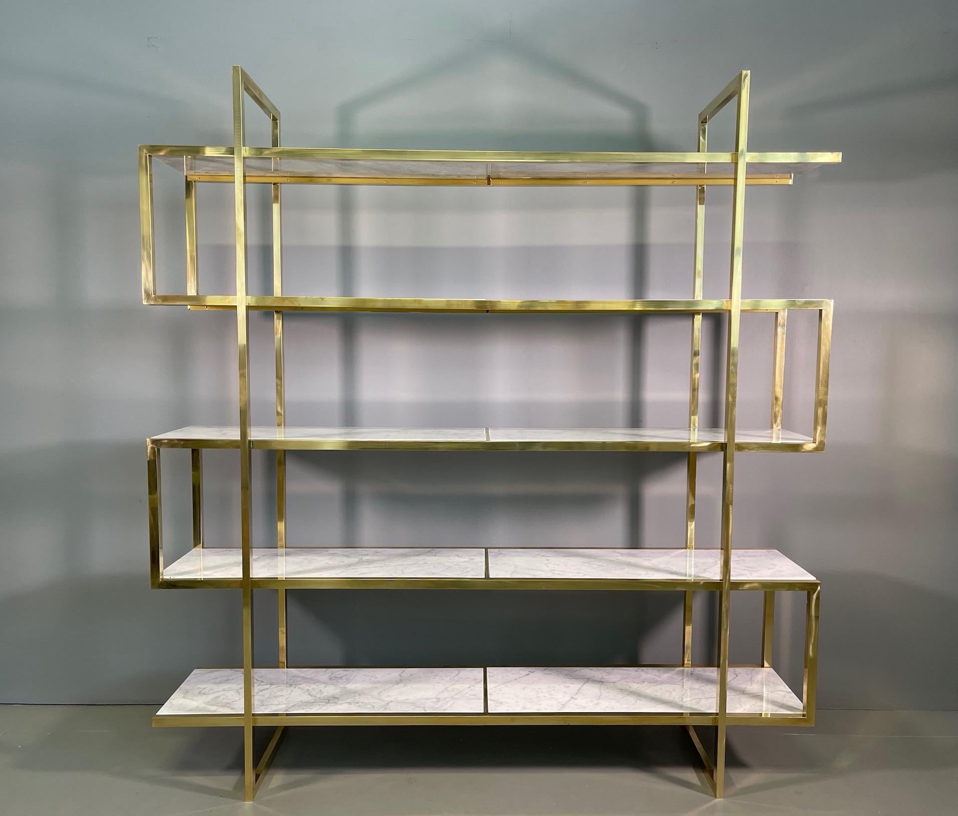 Mid-Century Modern Italian Vintage Bookcase in Brass and Carrara Marble  For Sale