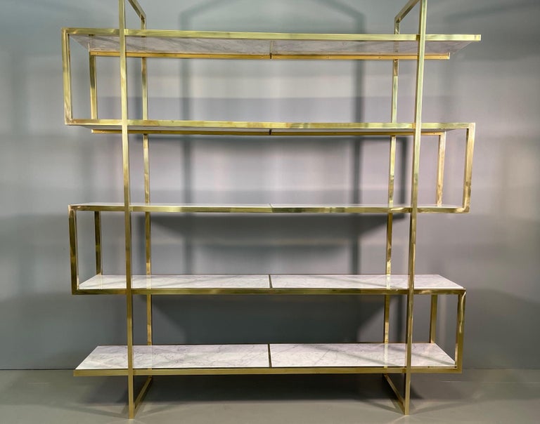 Italian Vintage Bookcase in Brass and Carrara Marble For Sale at 1stDibs