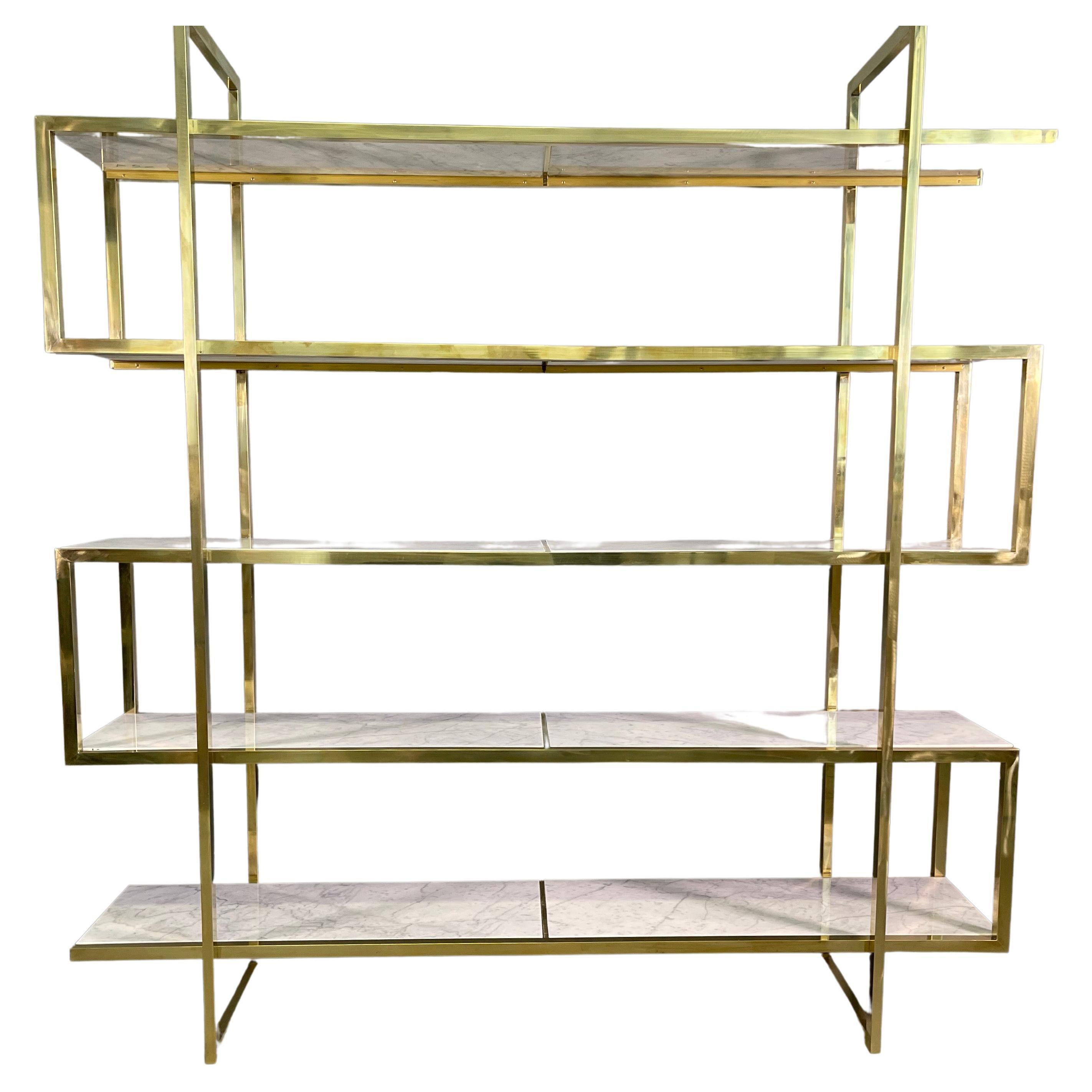 Italian Vintage Bookcase in Brass and Carrara Marble 