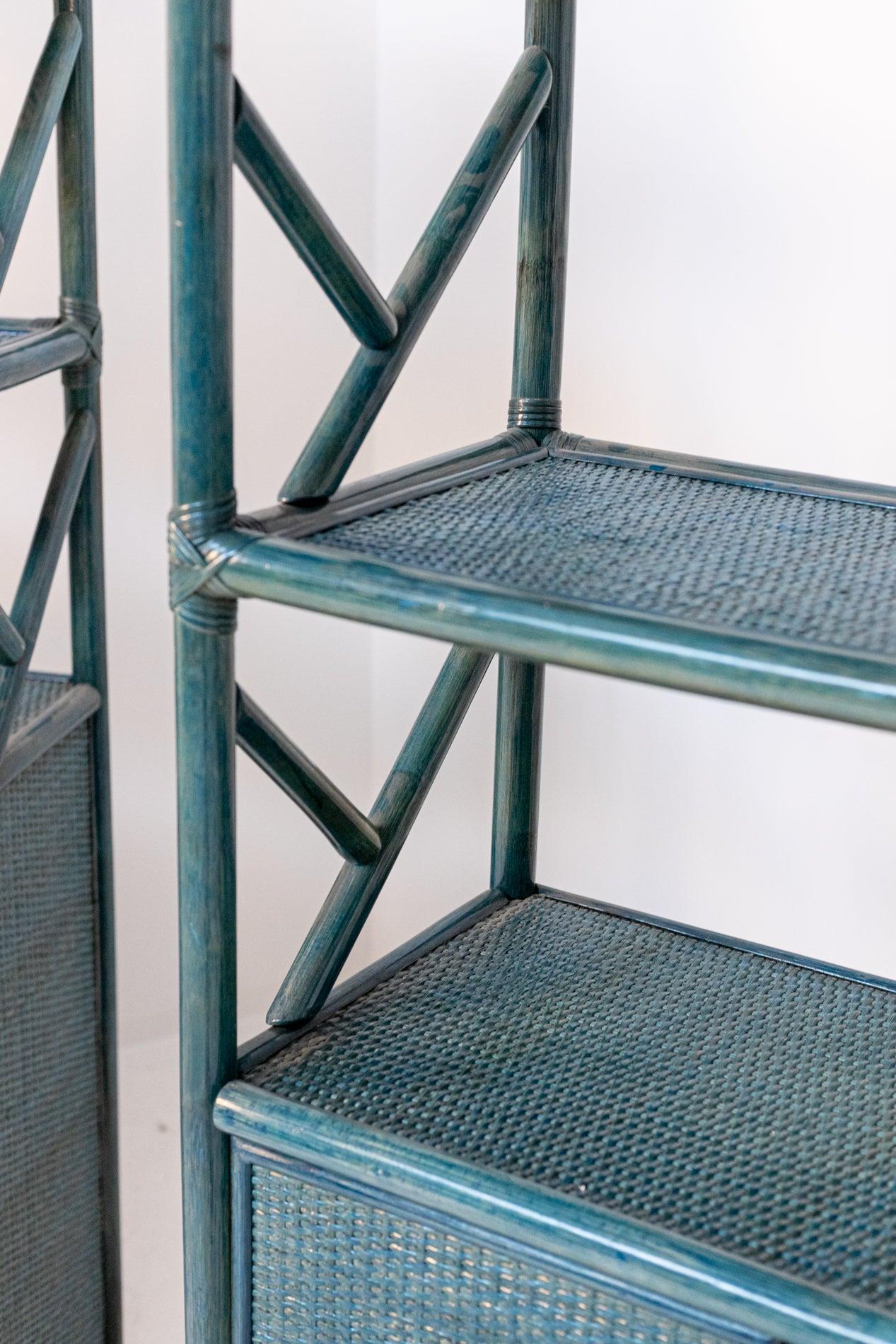 Post-Modern Italian Vintage Bookcase in green Bamboo, Rattan and Brass For Sale
