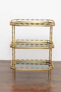 Italian Vintage Brass and Black Glass Three-Tiered Side Table from the 1960s