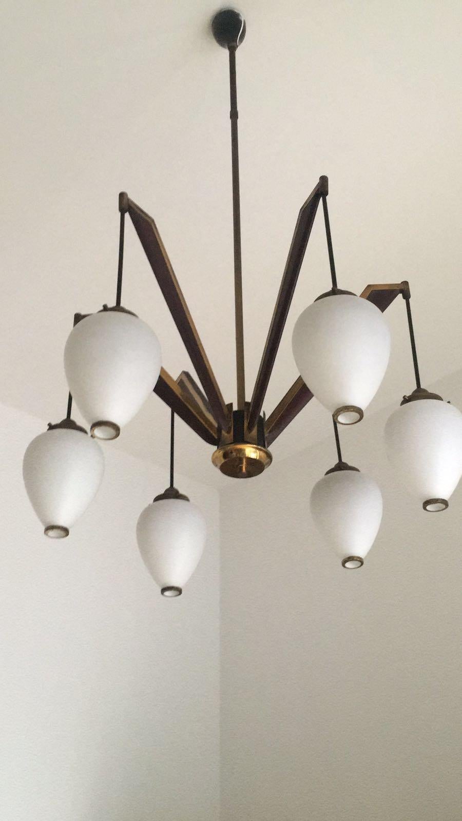 20th Century Italian Vintage Brass and Opaline Glass Chandelier from Arredoluce Monza, 1950s For Sale