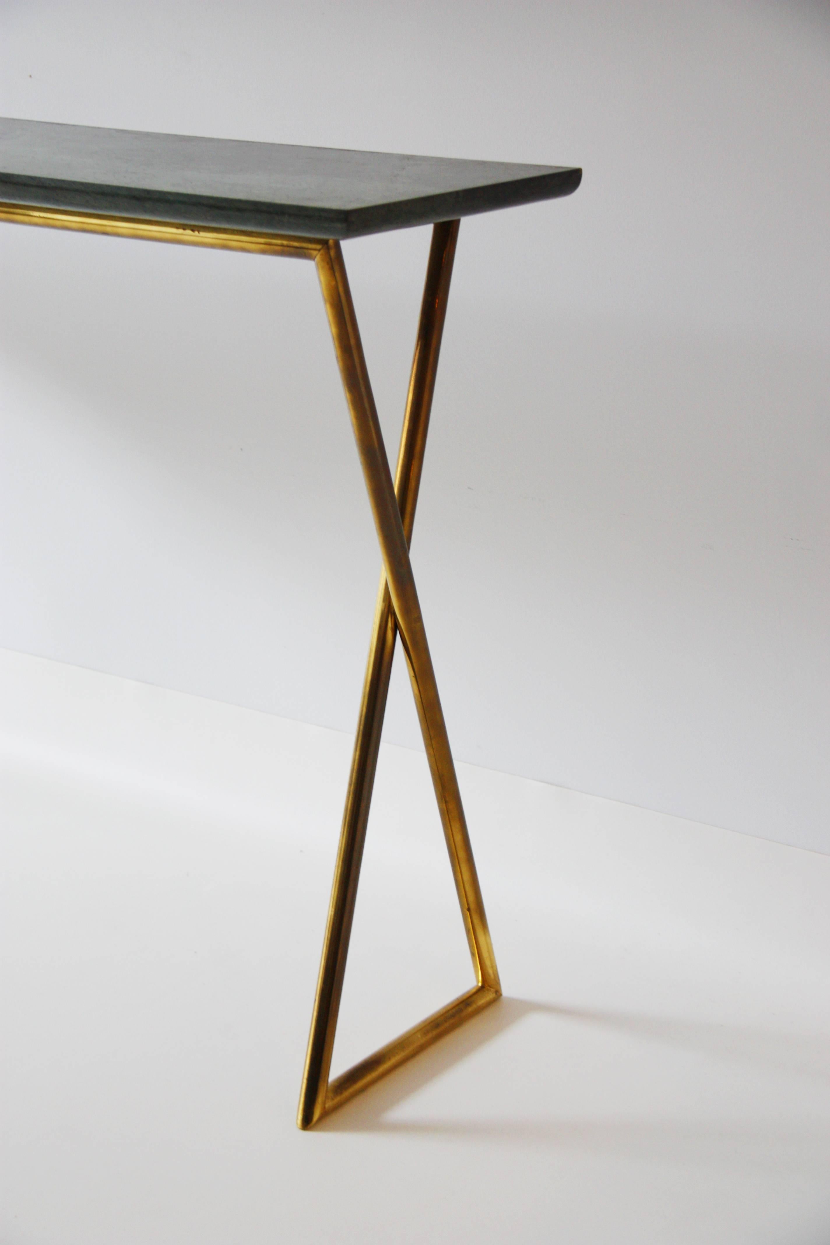 Mid-Century Modern Italian Vintage Brass Console with a Green Marble Attributed to Osvaldo Borsani For Sale