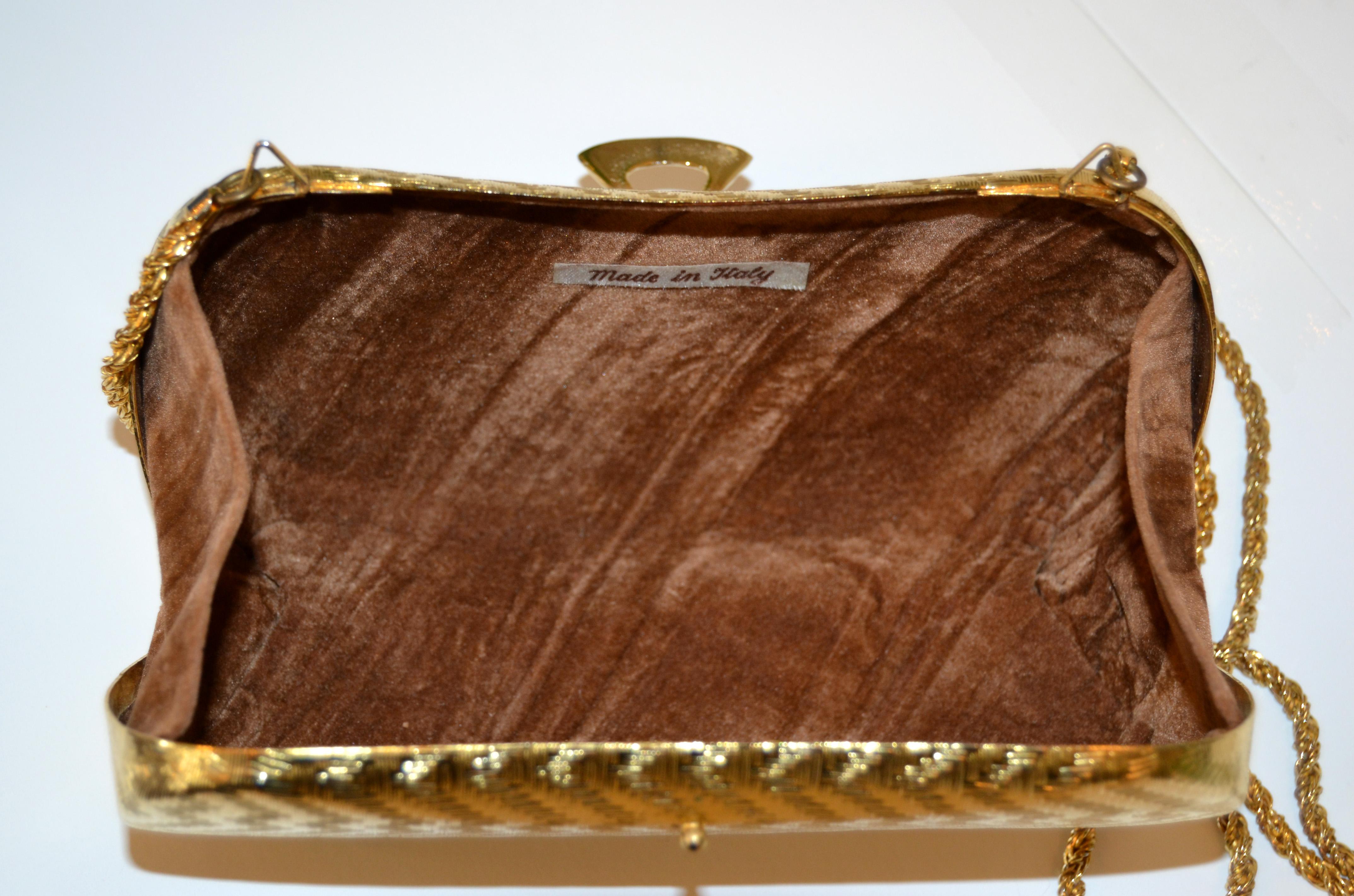 Italian Vintage Brass and Velvet Evening Handbag Night Out Purse Clutch Italy For Sale 3