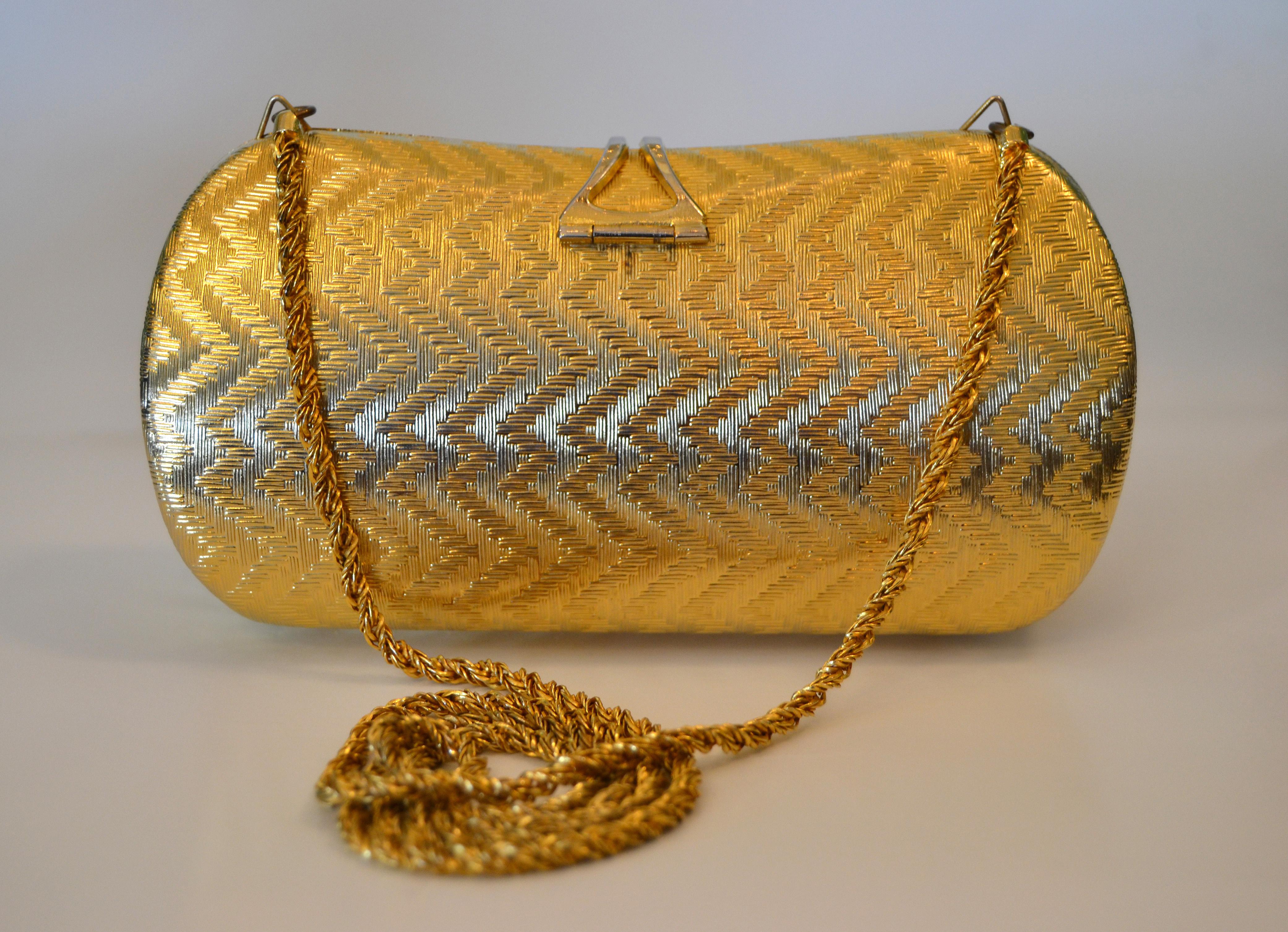 20th Century Italian Vintage Brass and Velvet Evening Handbag Night Out Purse Clutch Italy For Sale