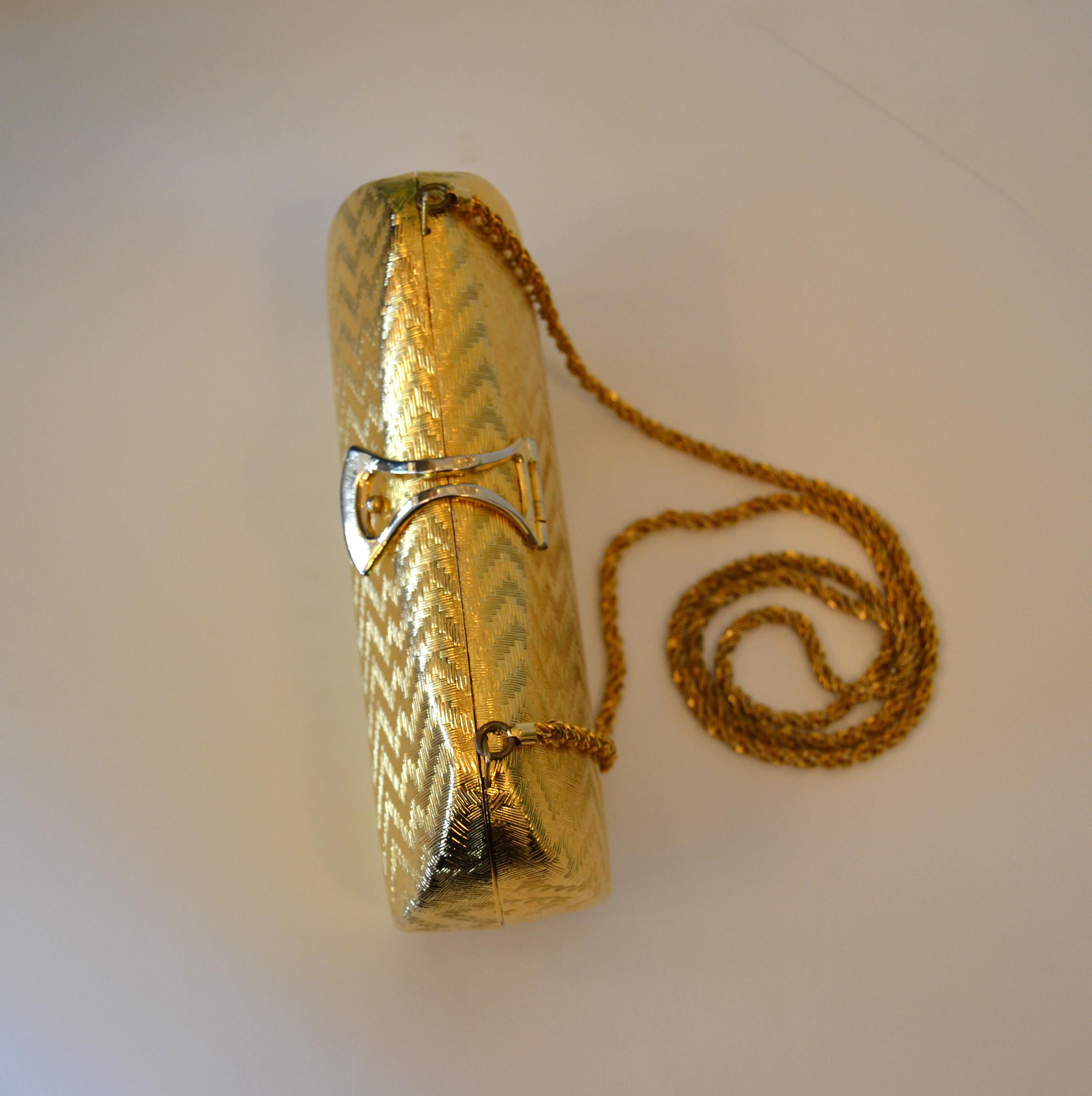 Italian Vintage Brass and Velvet Evening Handbag Night Out Purse Clutch Italy For Sale 2