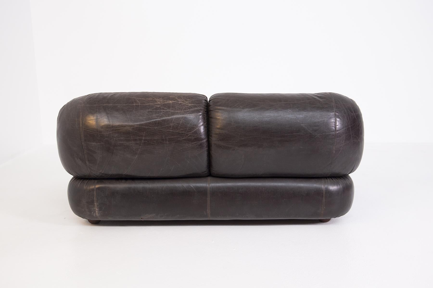 Italian Vintage Brown Leather Two Seater Sofa, Original Fabric 2