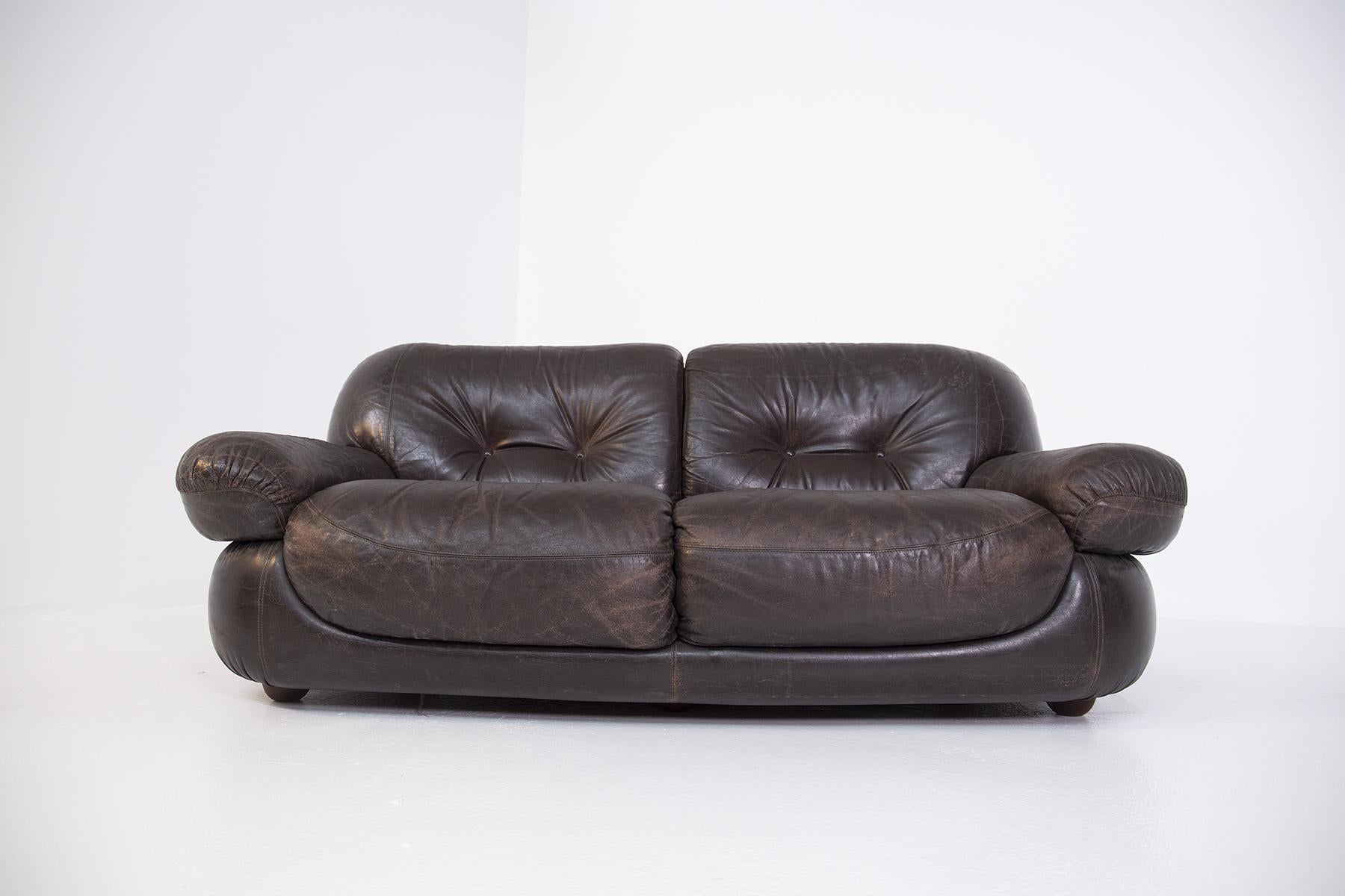 Italian Vintage Brown Leather Two Seater Sofa, Original Fabric 1