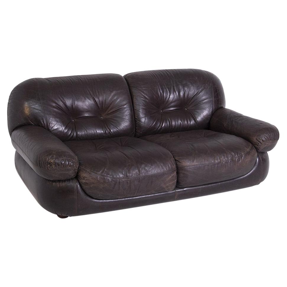 Italian Vintage Brown Leather Two Seater Sofa, Original Fabric