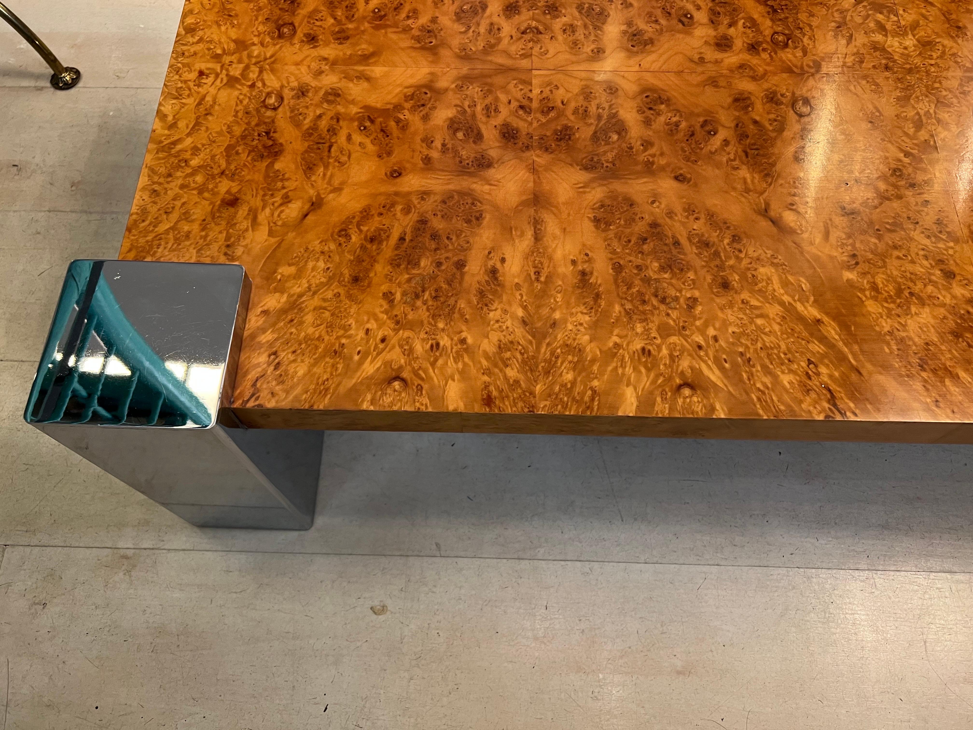 Italian Vintage Burr Walnut Coffee Table with Chromed Squared Legs, 1970s 5