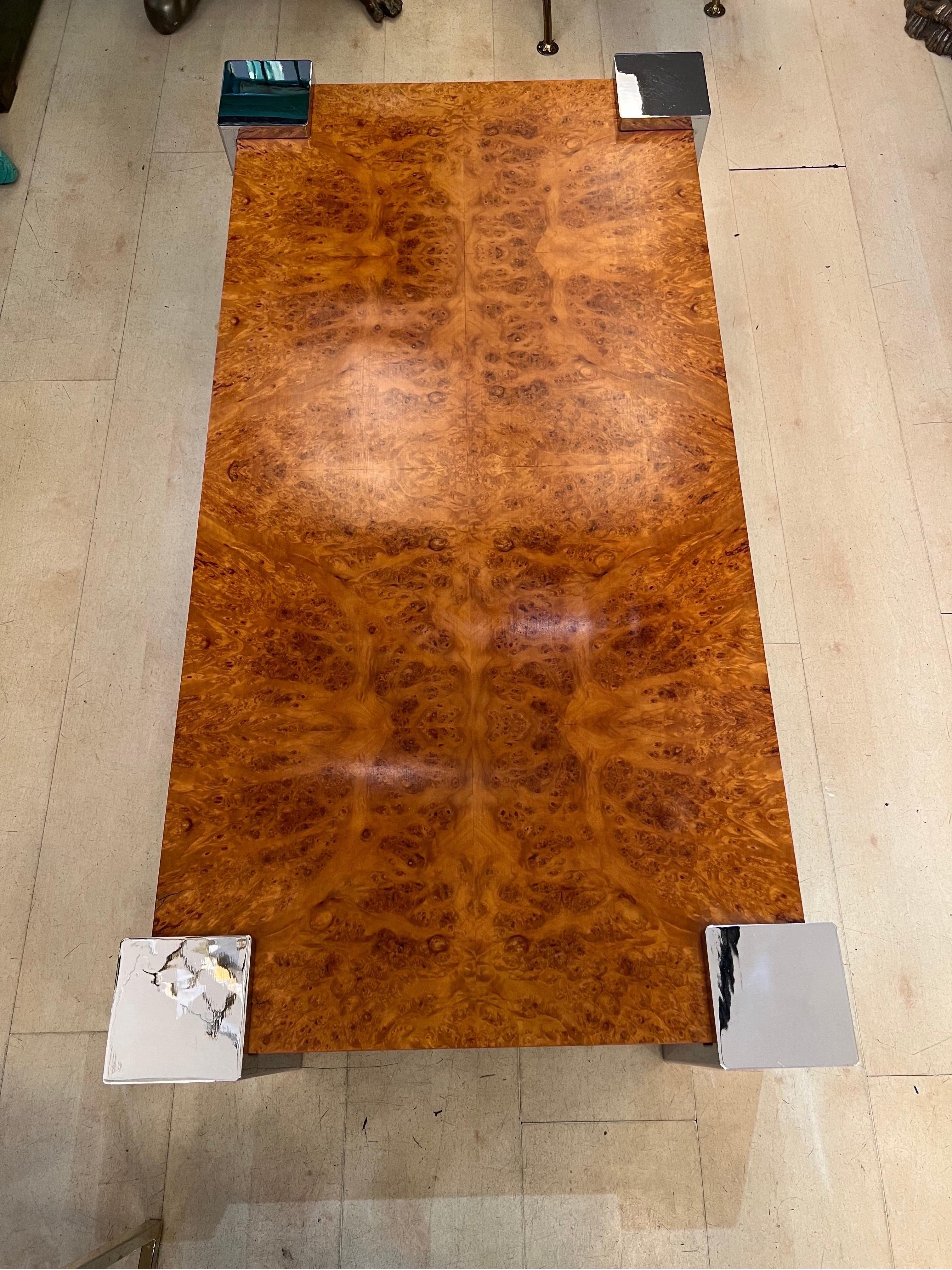 Italian Vintage Burr Walnut Coffee Table with Chromed Squared Legs, 1970s 7