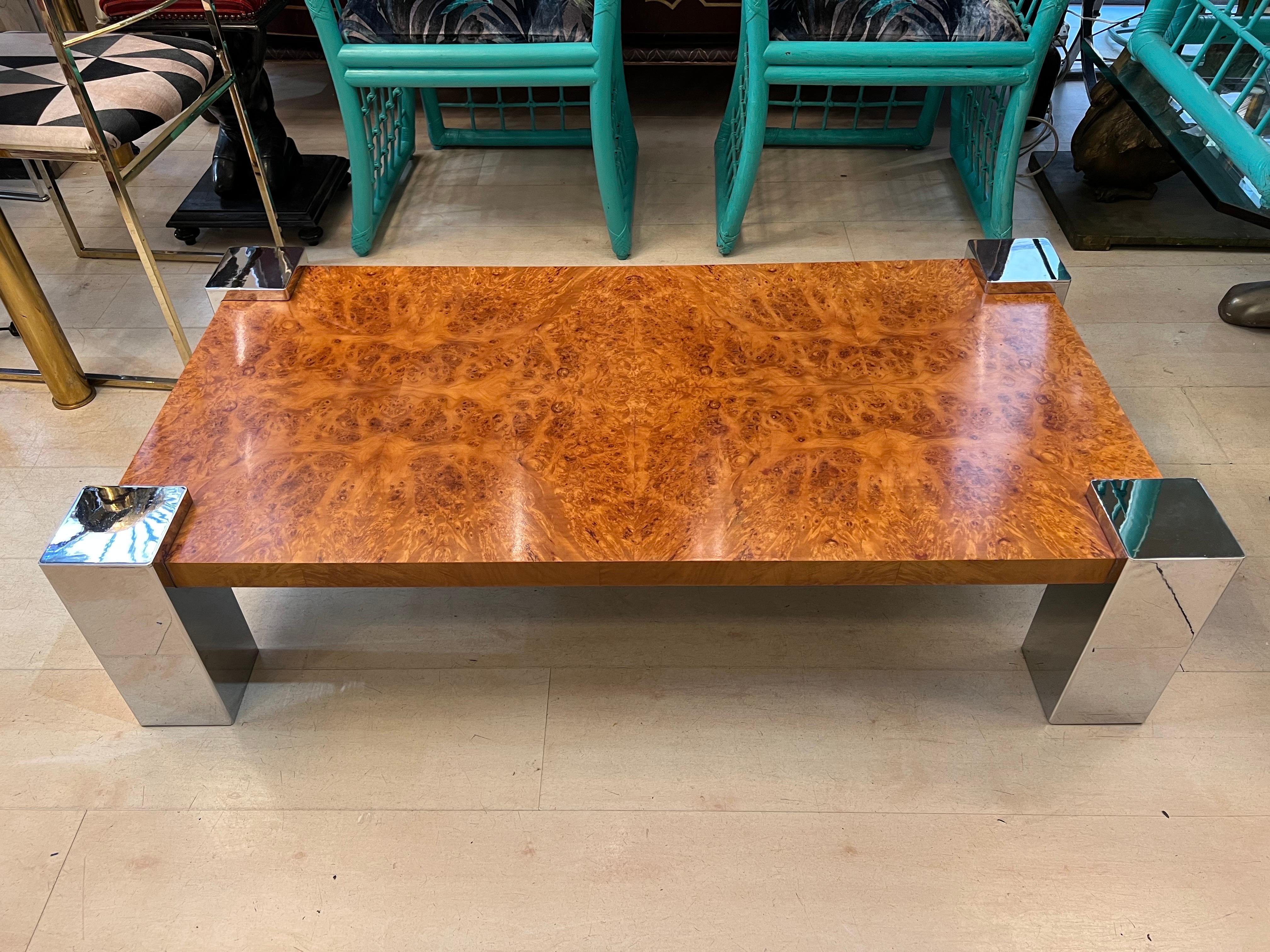 Italian vintage burr walnut rectangular coffee table with chromed squared legs, 1970s.
Perfect vintage condition.