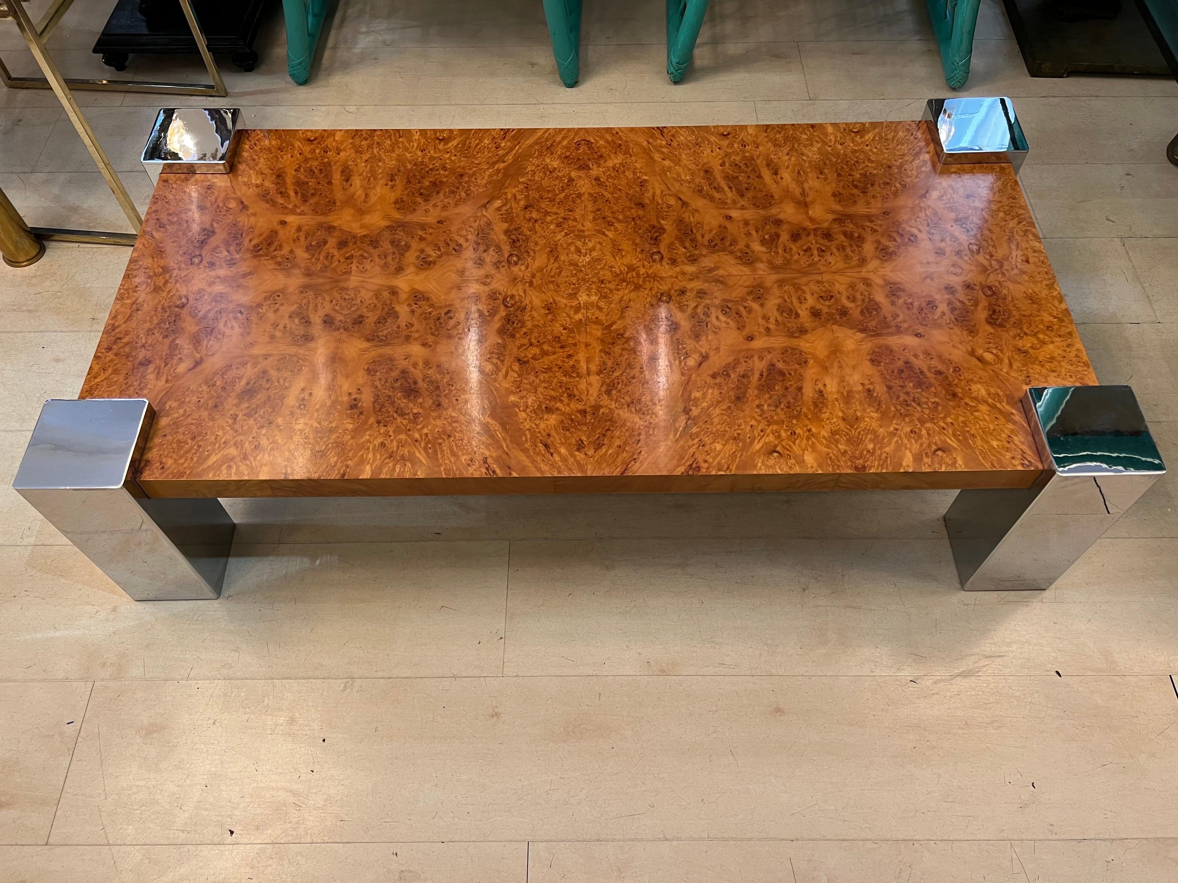 Mid-Century Modern Italian Vintage Burr Walnut Coffee Table with Chromed Squared Legs, 1970s