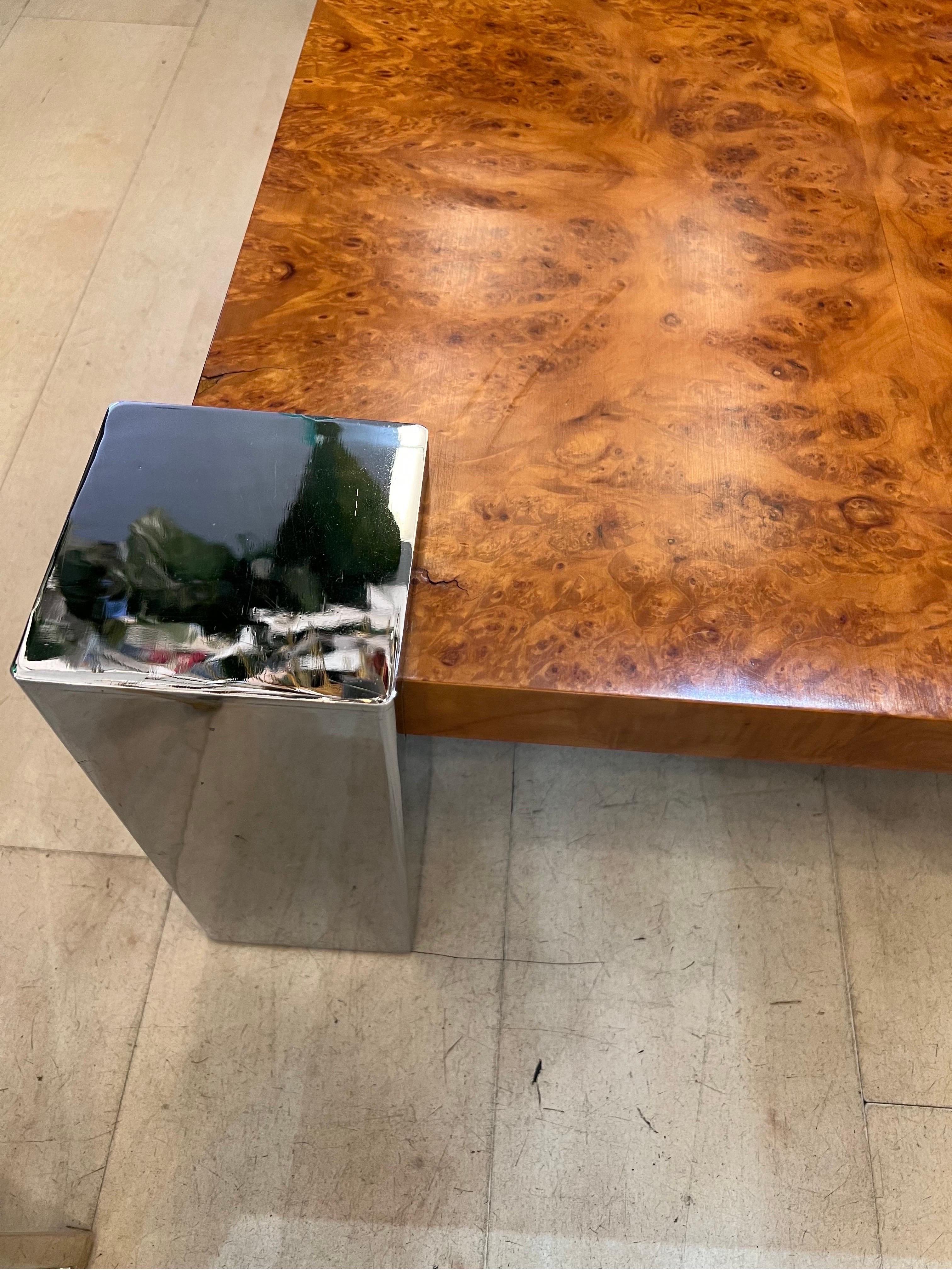 Italian Vintage Burr Walnut Coffee Table with Chromed Squared Legs, 1970s 2