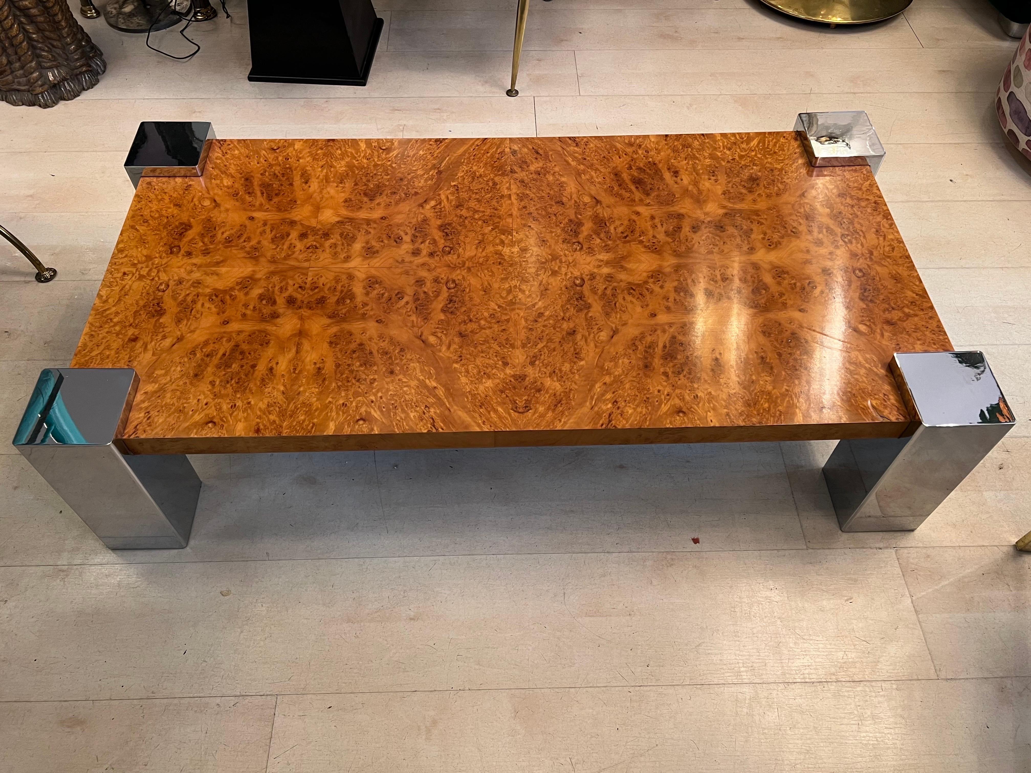 Italian Vintage Burr Walnut Coffee Table with Chromed Squared Legs, 1970s 3