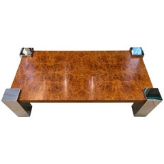 Italian Vintage Burr Walnut Coffee Table with Chromed Squared Legs, 1970s