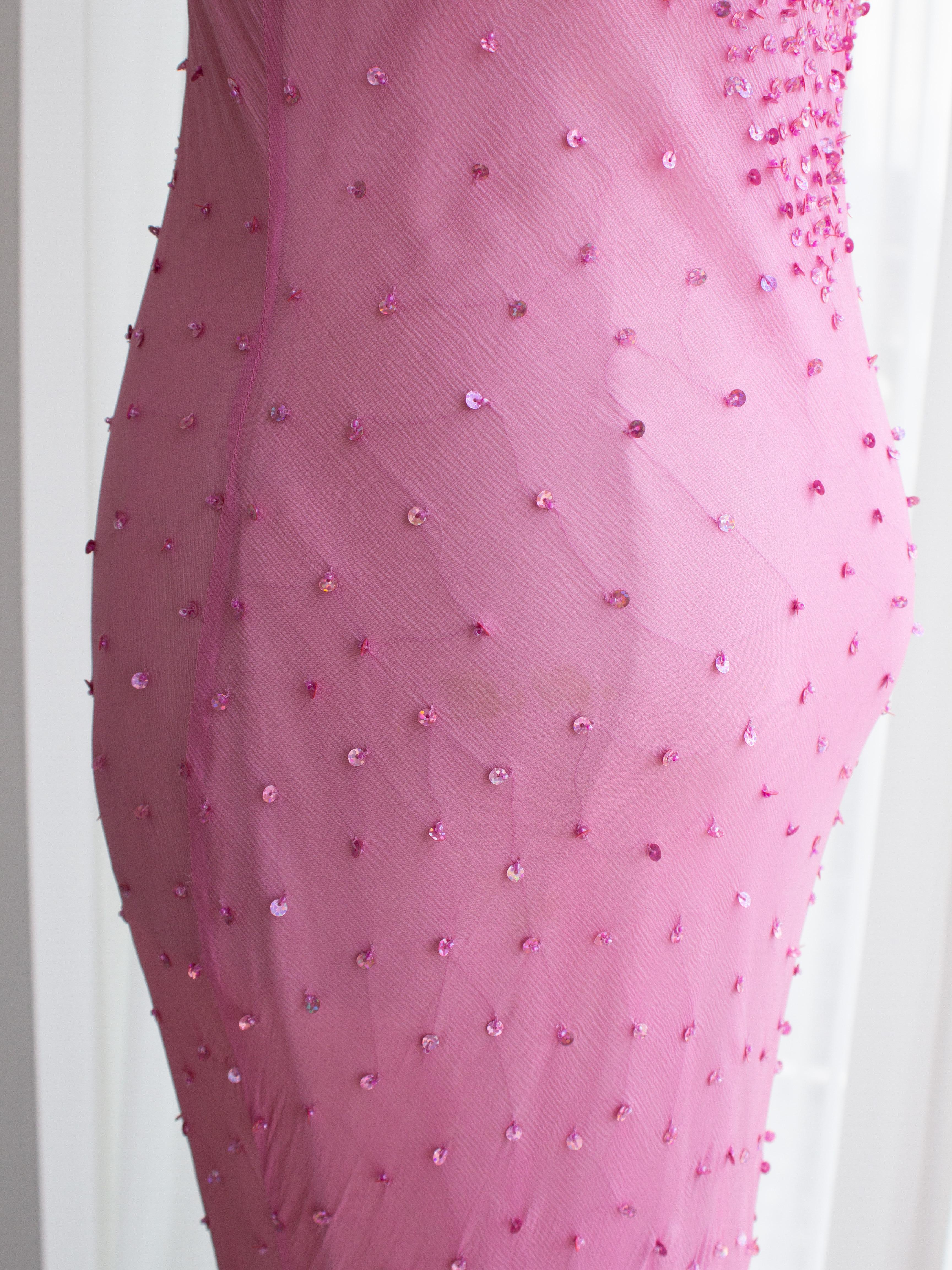 Italienisches Vintage Candy Pink Pailletten verziertes Seidenkleid mit Meerjungfrau im Angebot 6
