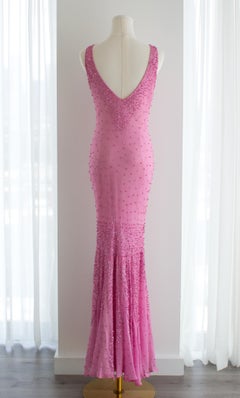 Italian Vintage Candy Pink Sequin Embellished Silk Mermaid Dress Gown