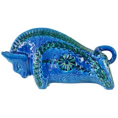 Italian Vintage Ceramic Blue Bull Sculpture by Aldo Londi for Bitossi, c. 1970