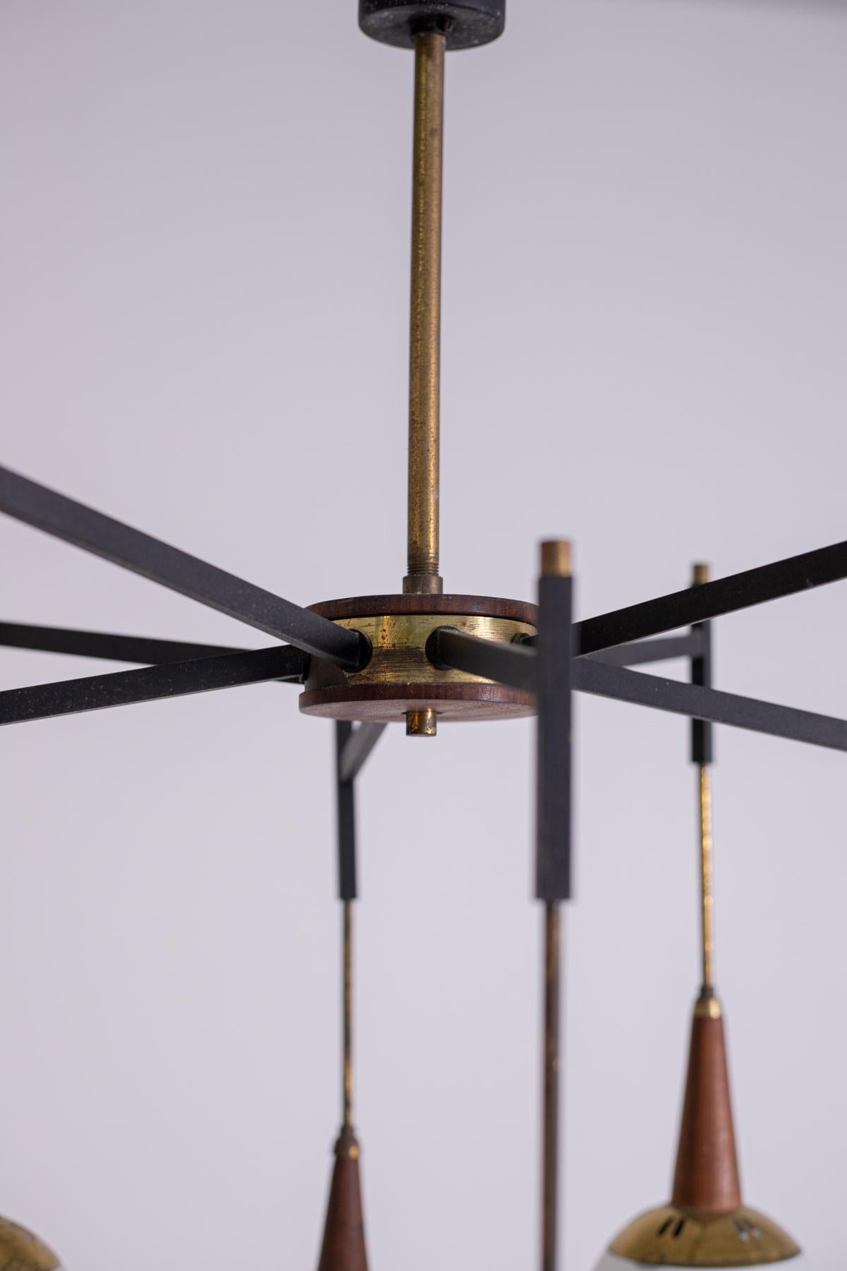 Mid-20th Century Italian Vintage Chandelier in Style Stilnovo in Brass and Wood, 1950s