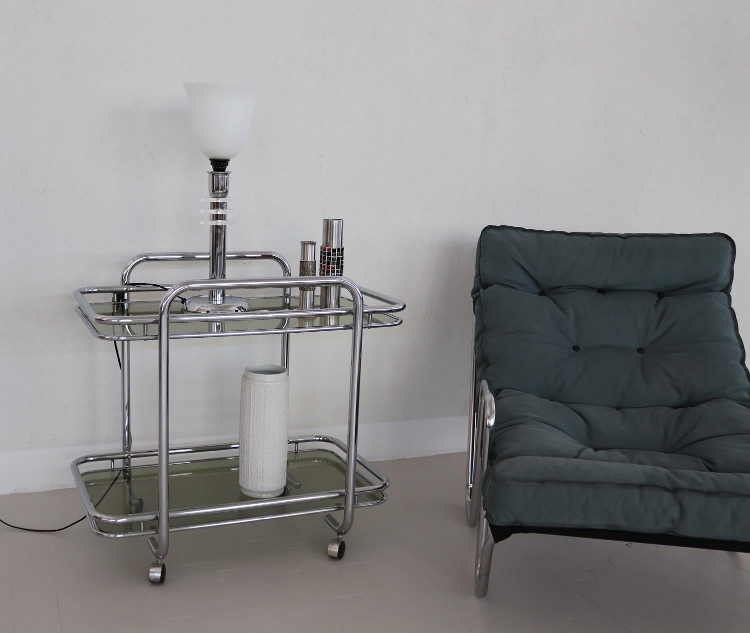 Smoked Glass Italian Vintage Chrome Bar Cart or Serving Trolley, 1970s