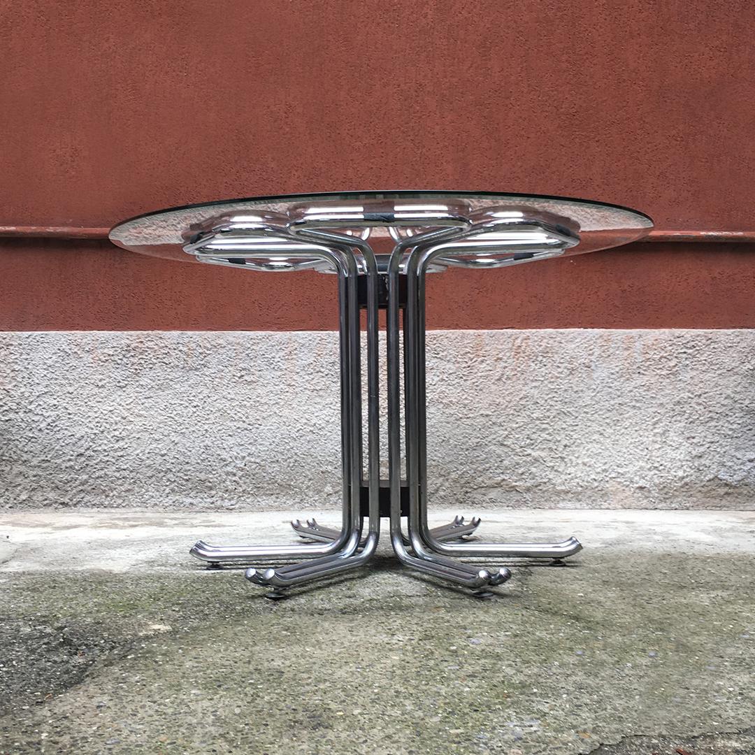 Space Age Italian Vintage Chromed Steel, Glass and Wood Detail Dining Table, 1970s