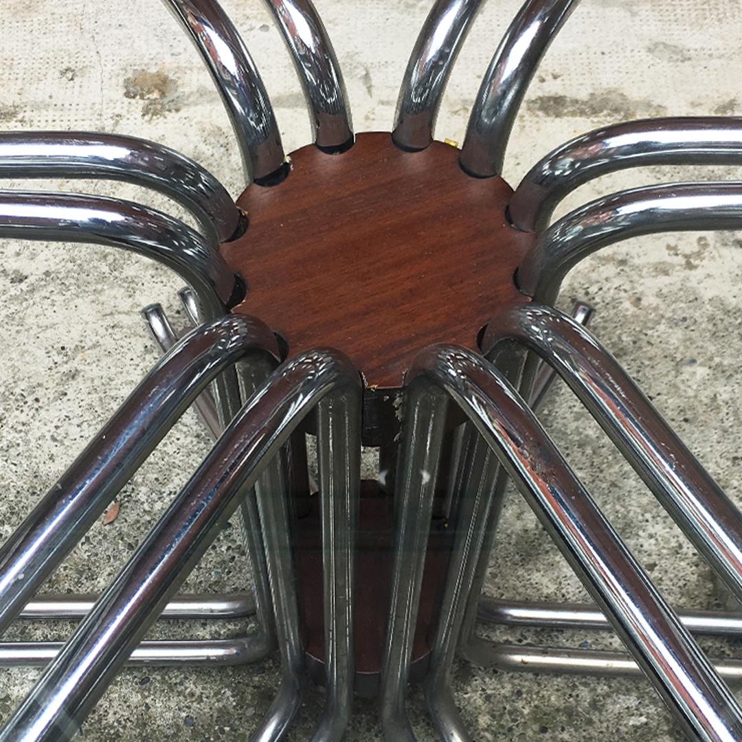 Italian Vintage Chromed Steel, Glass and Wood Detail Dining Table, 1970s In Good Condition In MIlano, IT