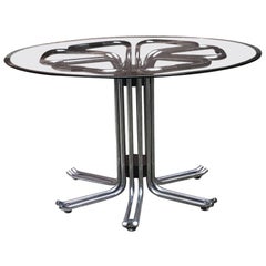 Italian Vintage Chromed Steel, Glass and Wood Detail Dining Table, 1970s