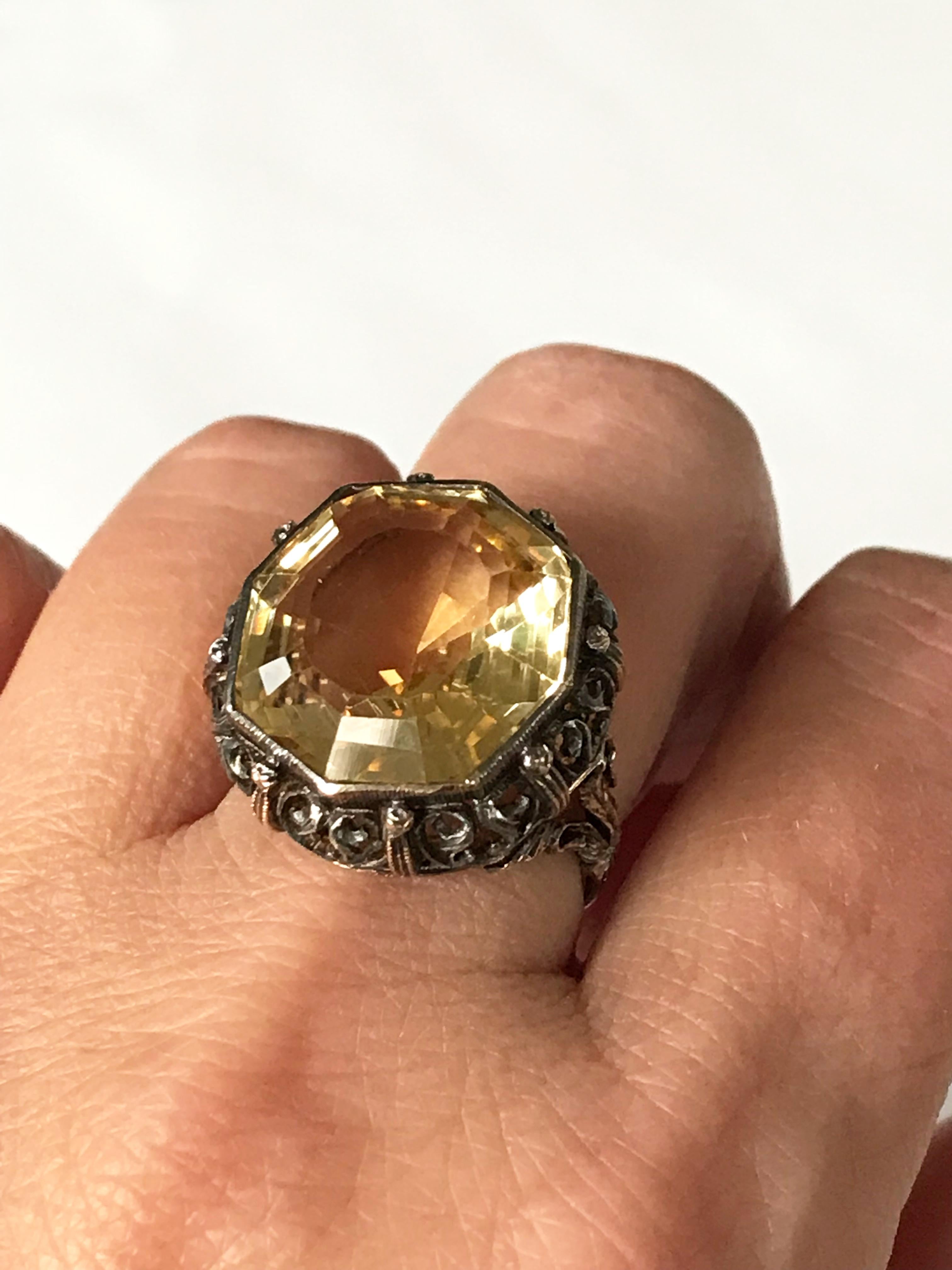 Women's Italian Vintage Citrine Gold and Silver Ring