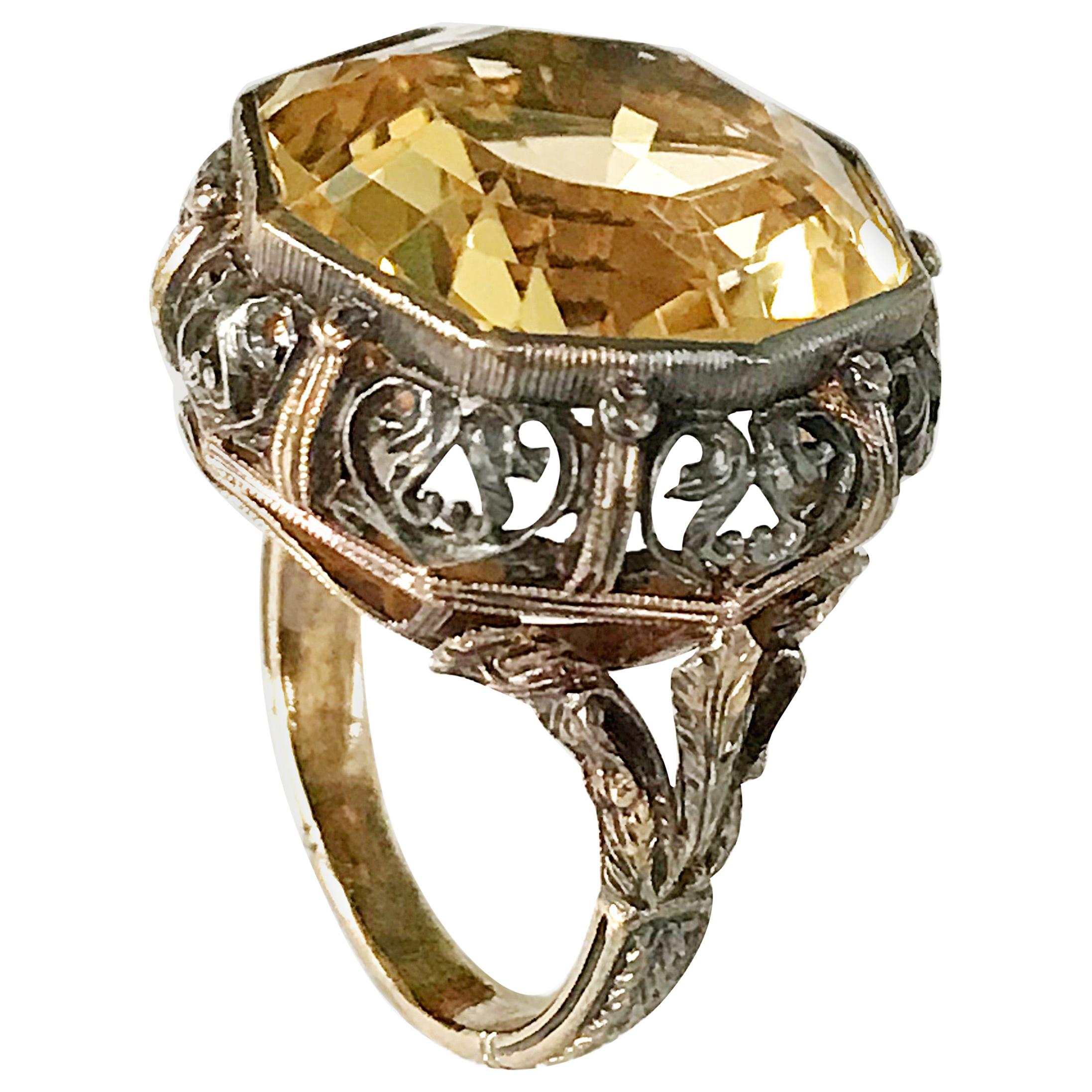 Italian Vintage Citrine Gold and Silver Ring
