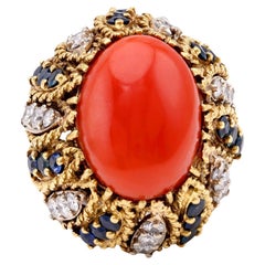 Anello da cocktail in oro giallo 18 carati con zaffiro e corallo d'annata
