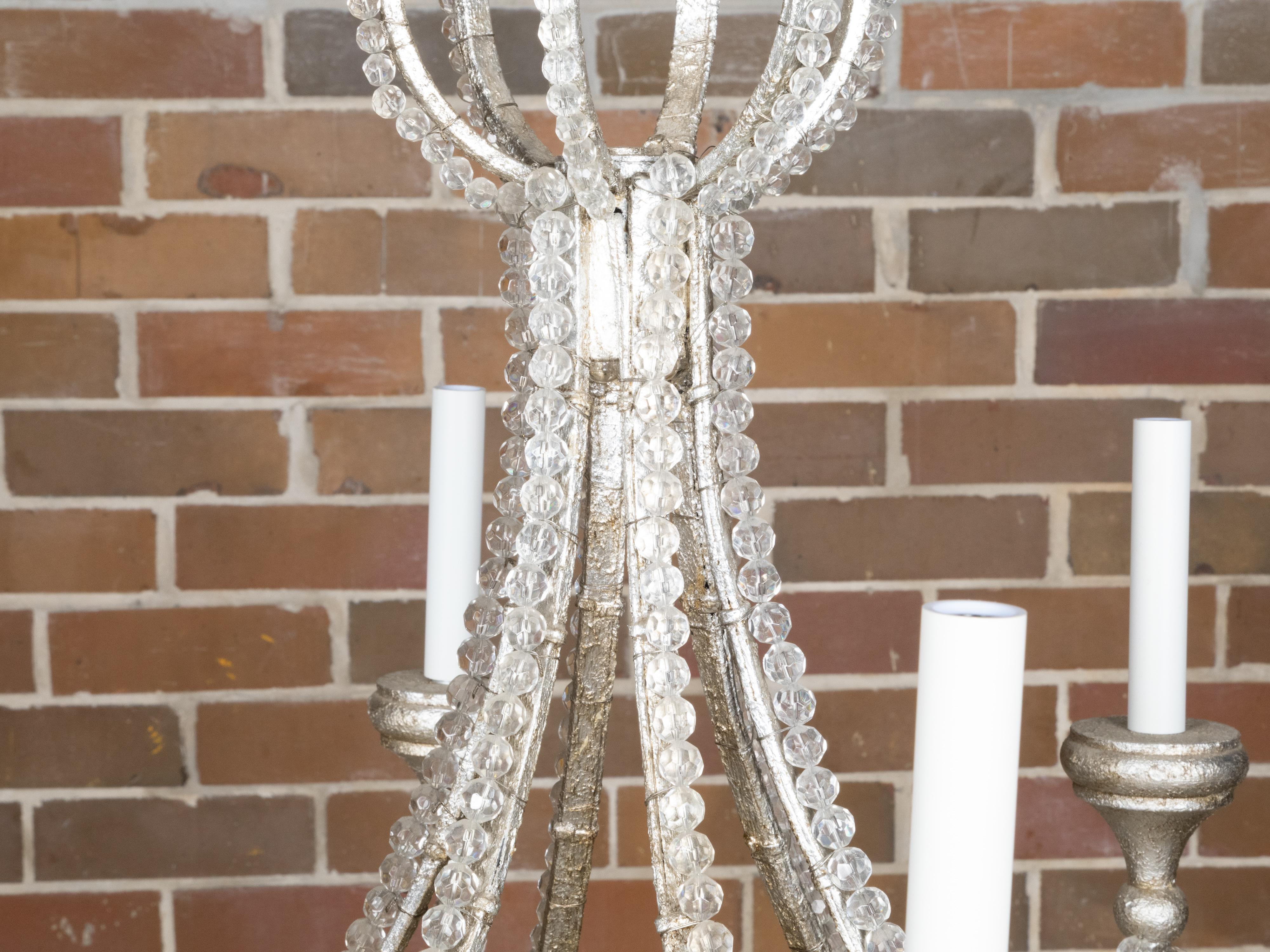 Italienischer Vintage-Kronleuchter aus Kristall und Stahl mit sechs Leuchten und facettierten Perlen, verdrahtet im Angebot 10