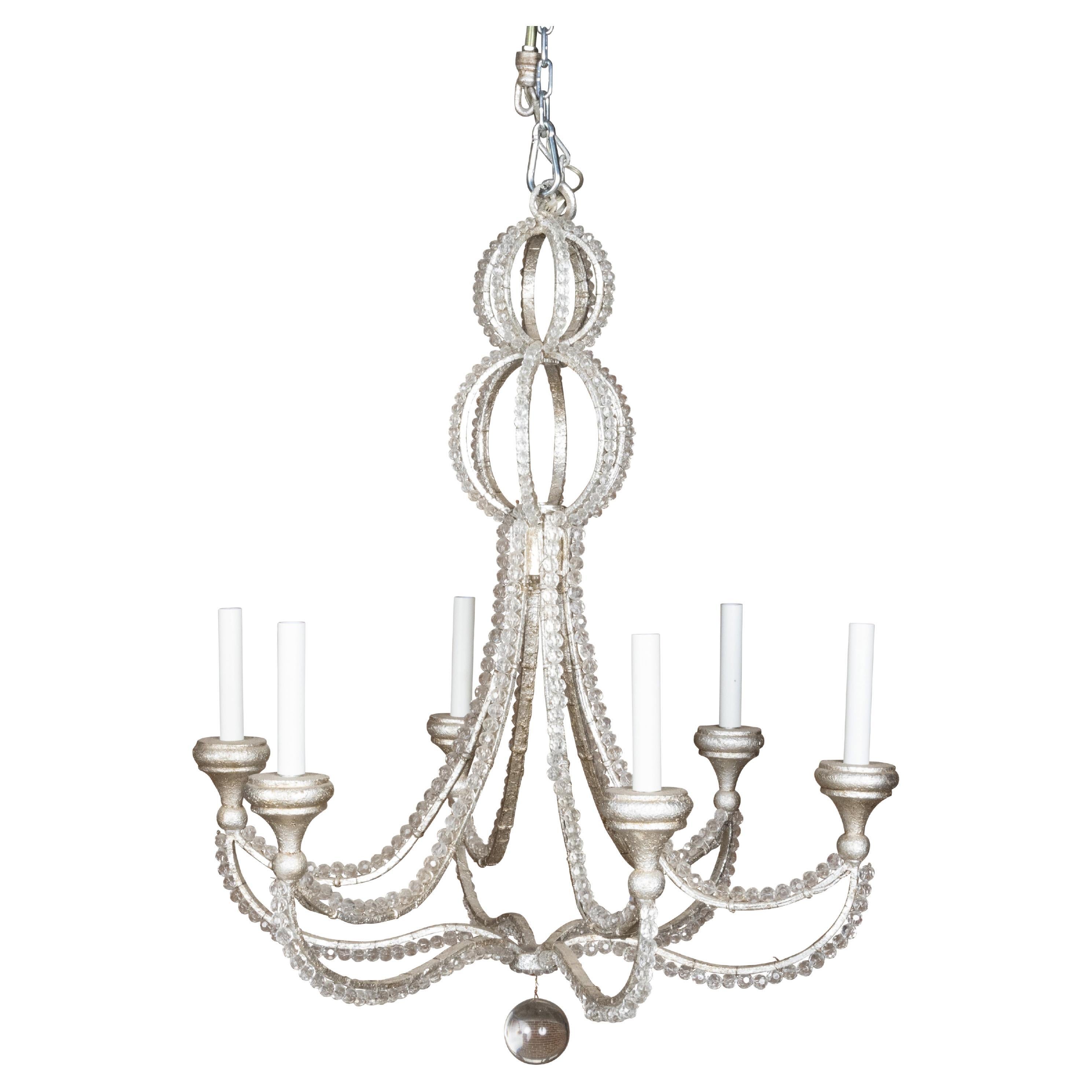 Italian Vintage Crystal and Steel Six-Light Chandelier with Faceted Beads, Wired