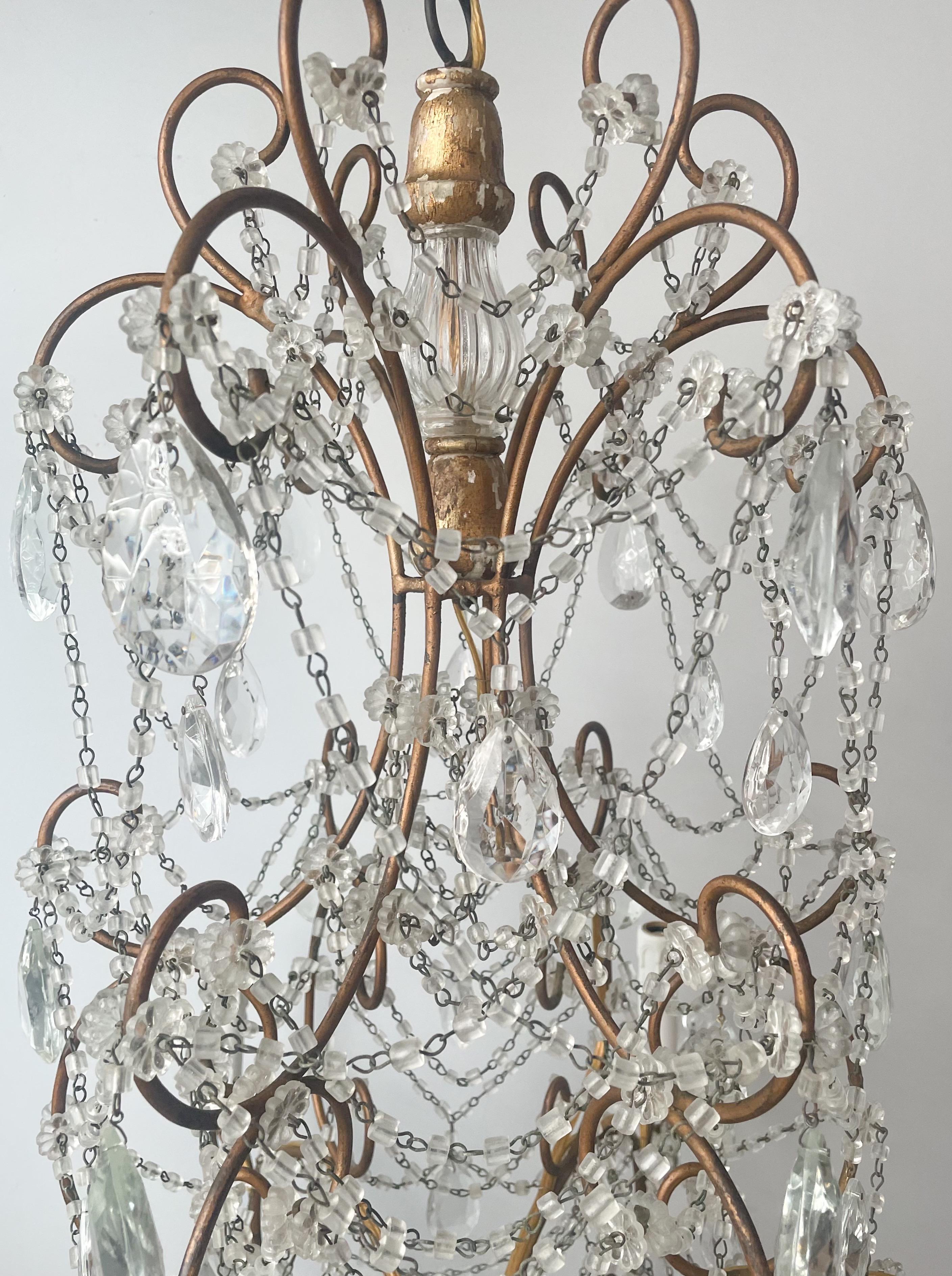 Italian Vintage Crystal Beaded Chandelier In Good Condition In Los Angeles, CA