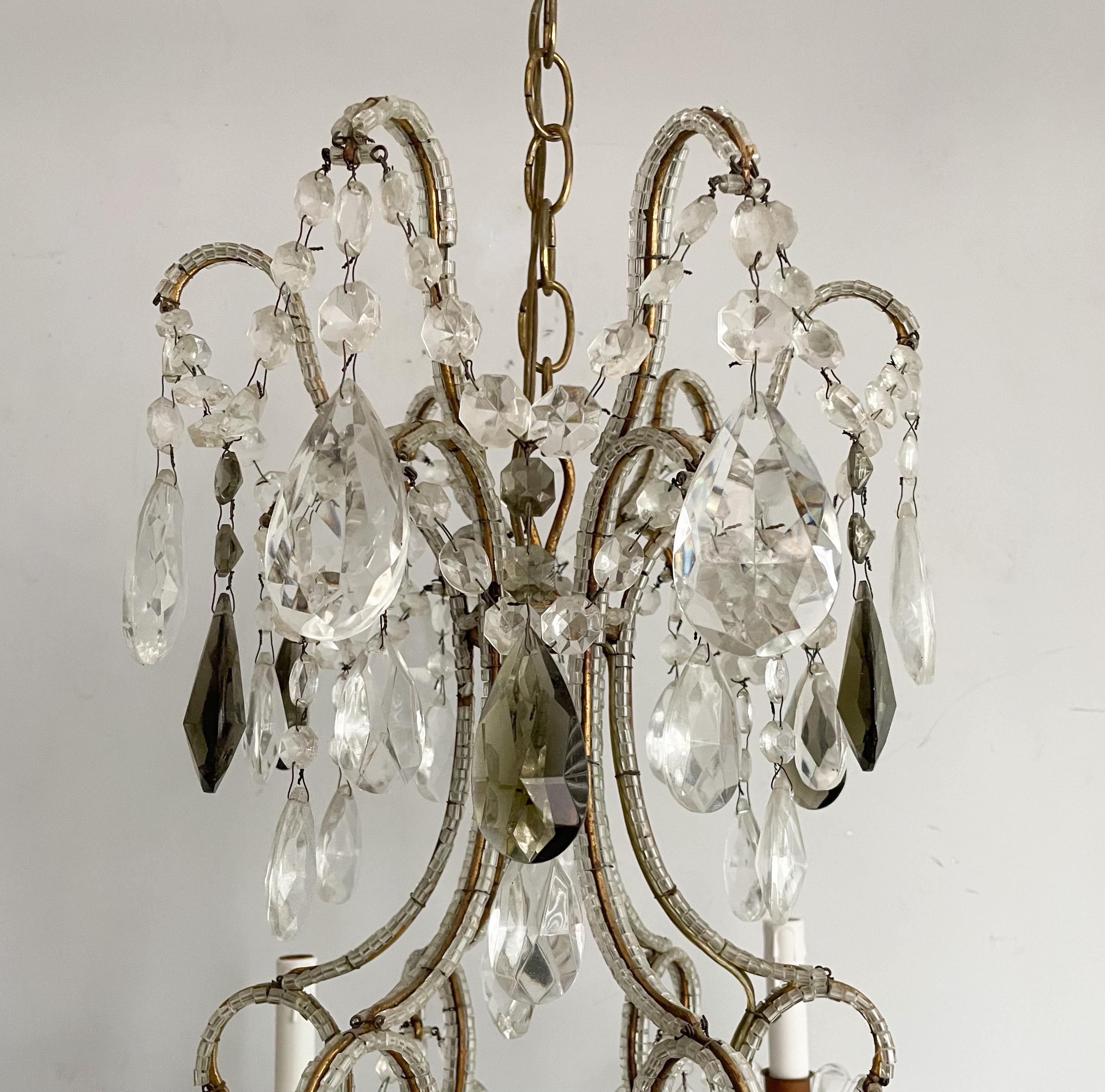 Louis XVI Italian Vintage Crystal Beaded Chandelier With Smokey Green Prisms For Sale