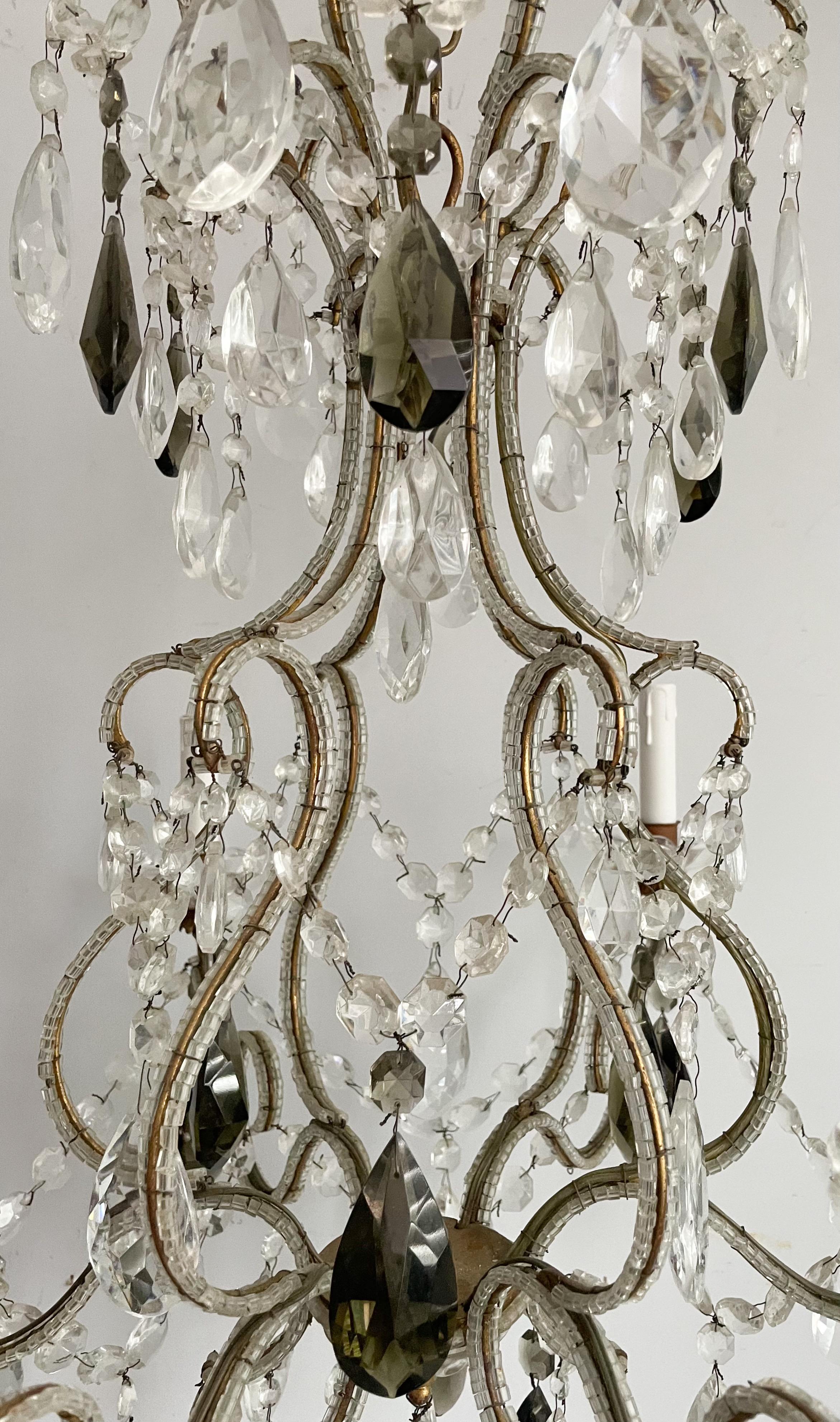 Italian Vintage Crystal Beaded Chandelier With Smokey Green Prisms In Good Condition For Sale In Los Angeles, CA