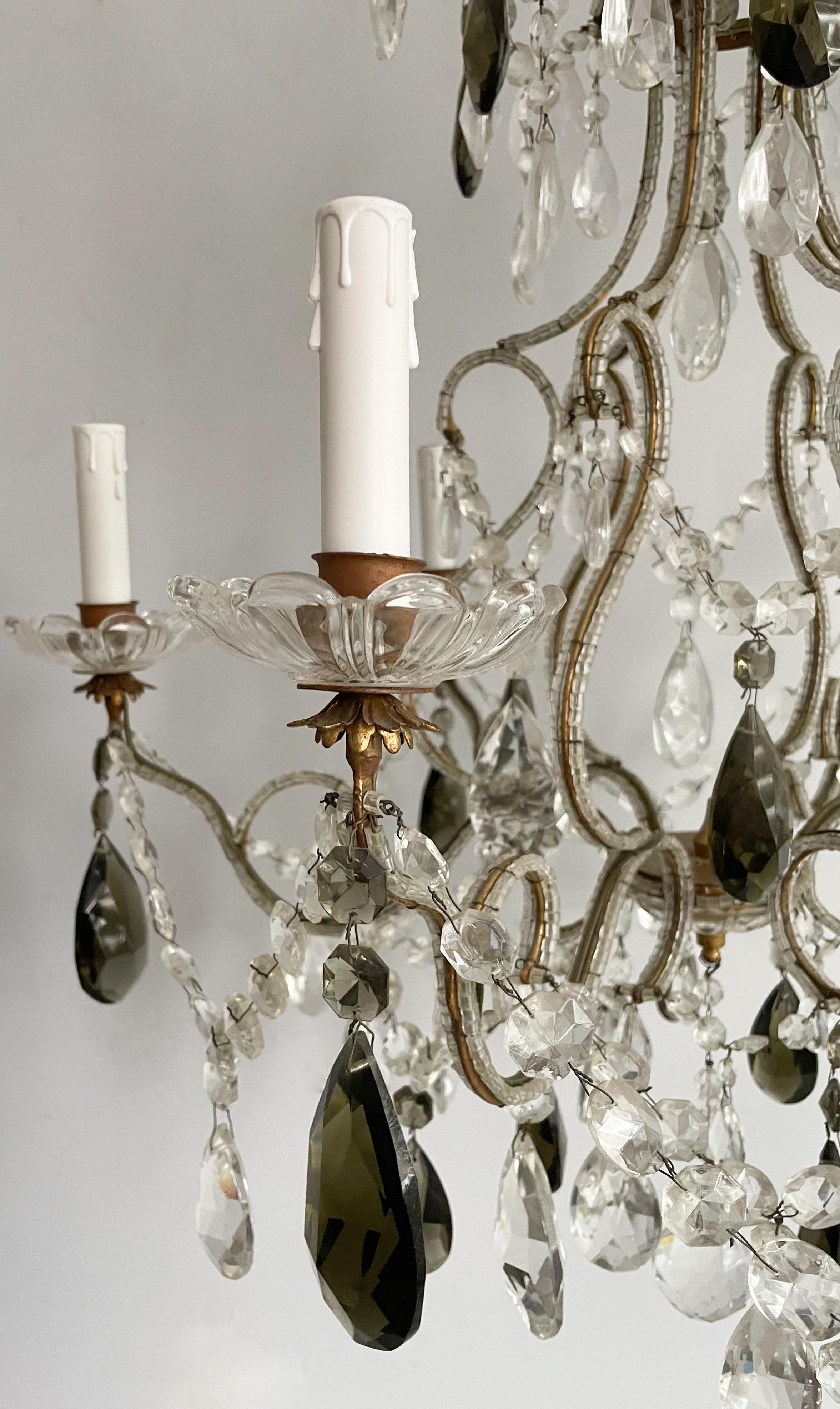 Mid-20th Century Italian Vintage Crystal Beaded Chandelier With Smokey Green Prisms For Sale