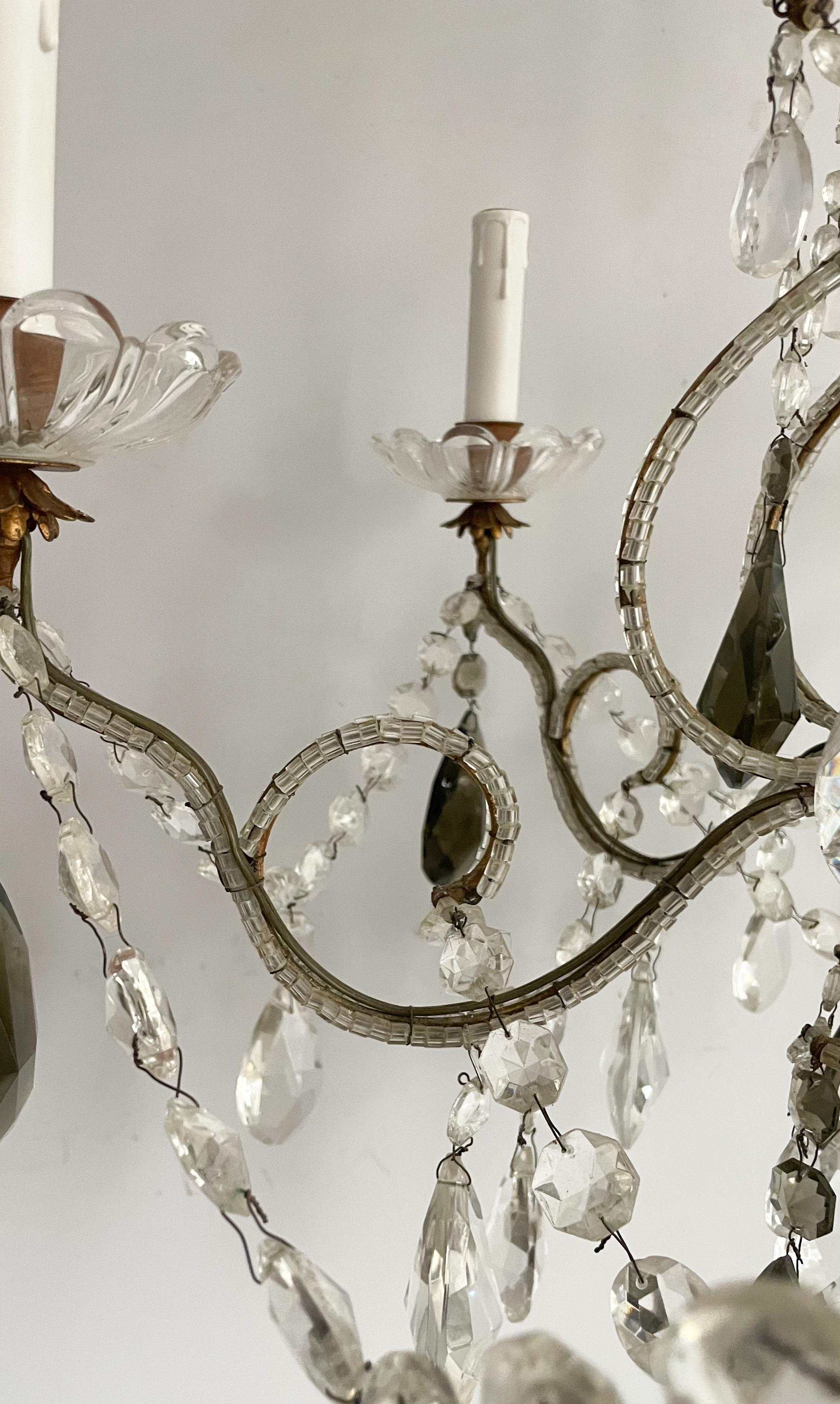 Art Glass Italian Vintage Crystal Beaded Chandelier With Smokey Green Prisms For Sale