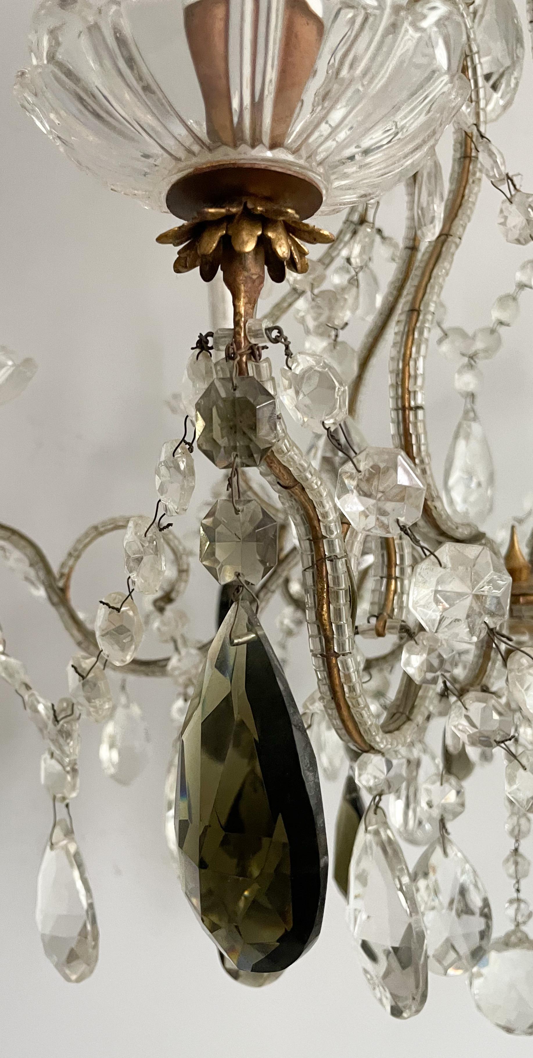 Italian Vintage Crystal Beaded Chandelier With Smokey Green Prisms For Sale 1